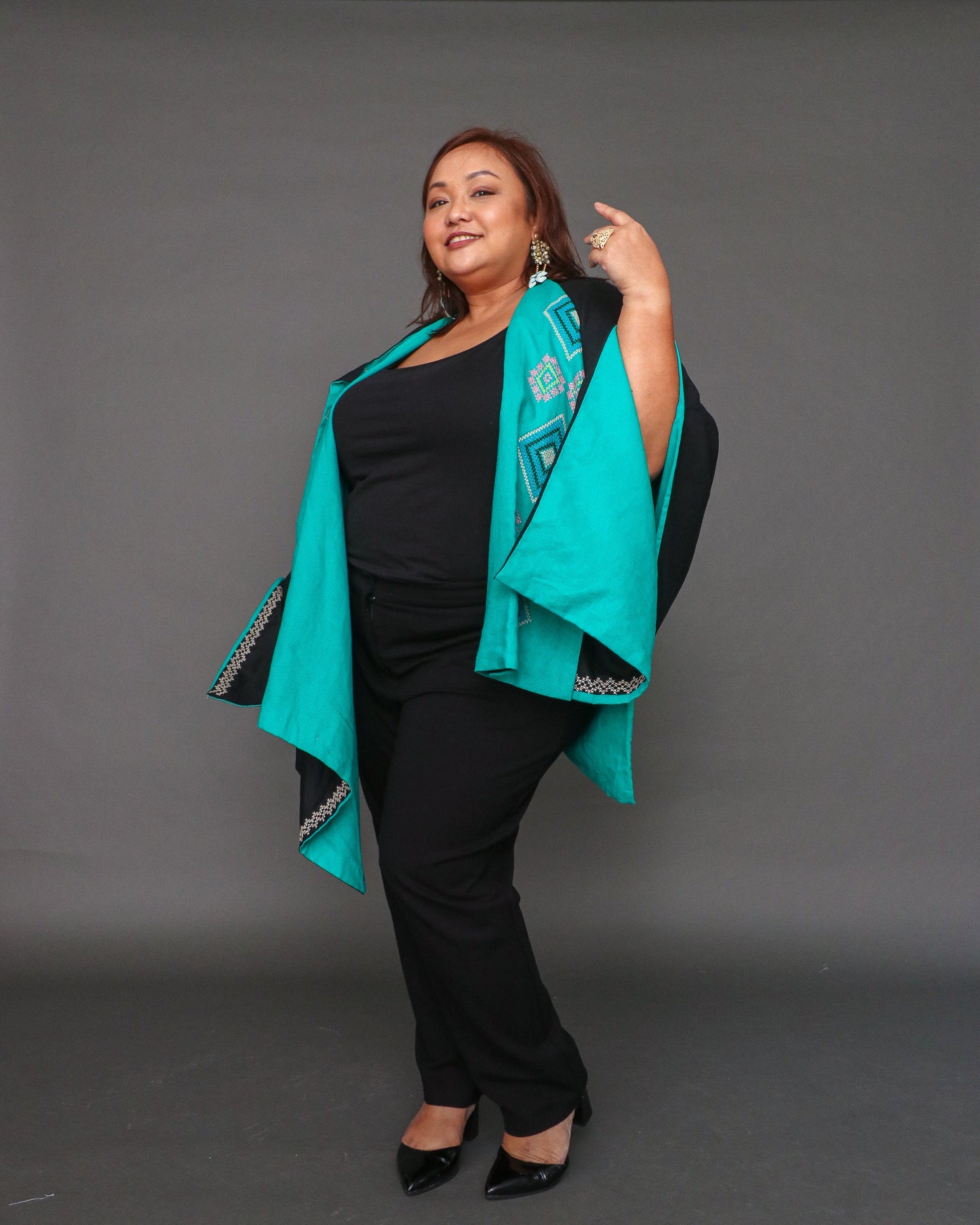 Kaharian Black Green Versatile Cover Up Cape Poncho with Tboli Nesif Hand Embroidery