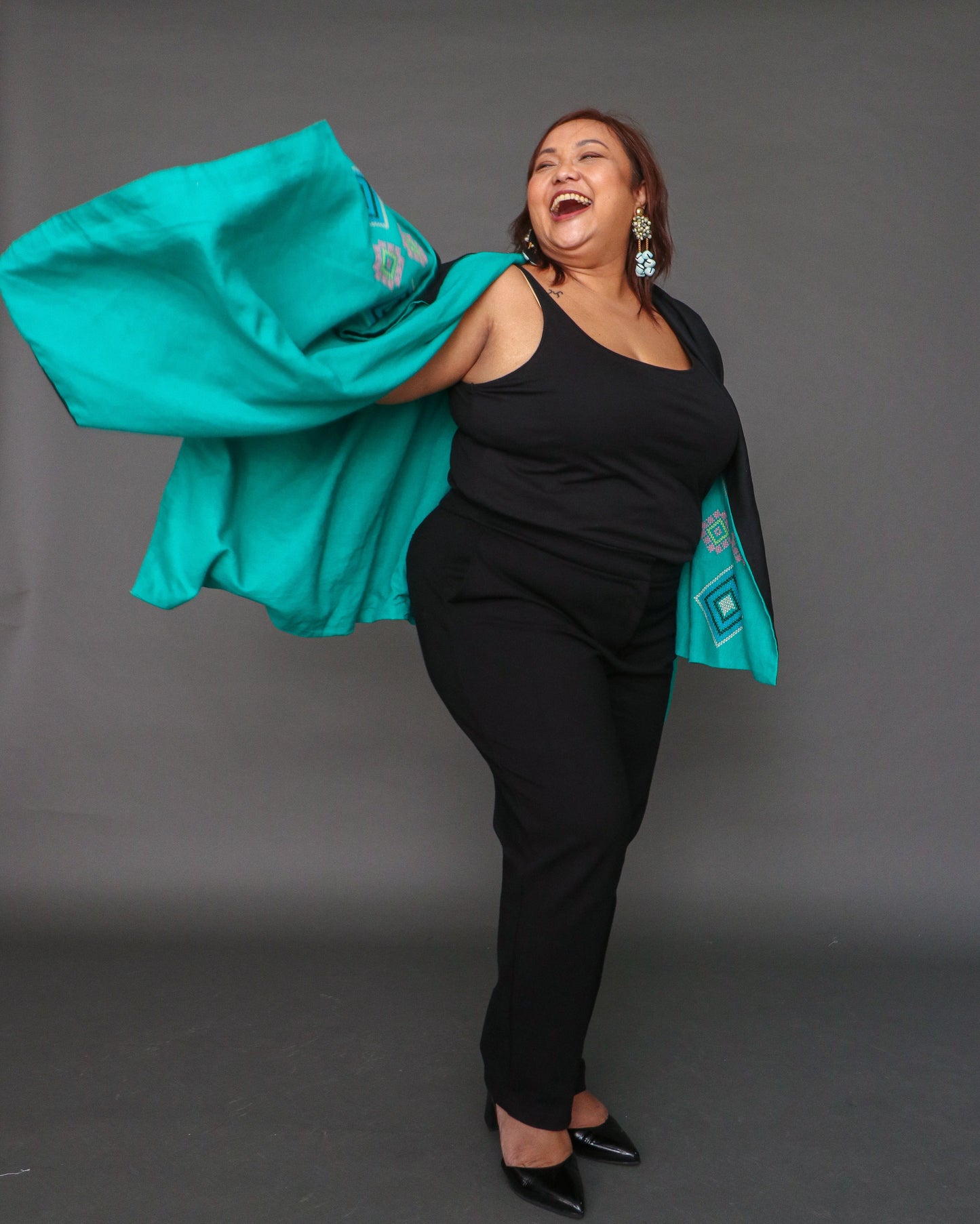 Kaharian Black Green Versatile Cover Up Cape Poncho with Tboli Nesif Hand Embroidery