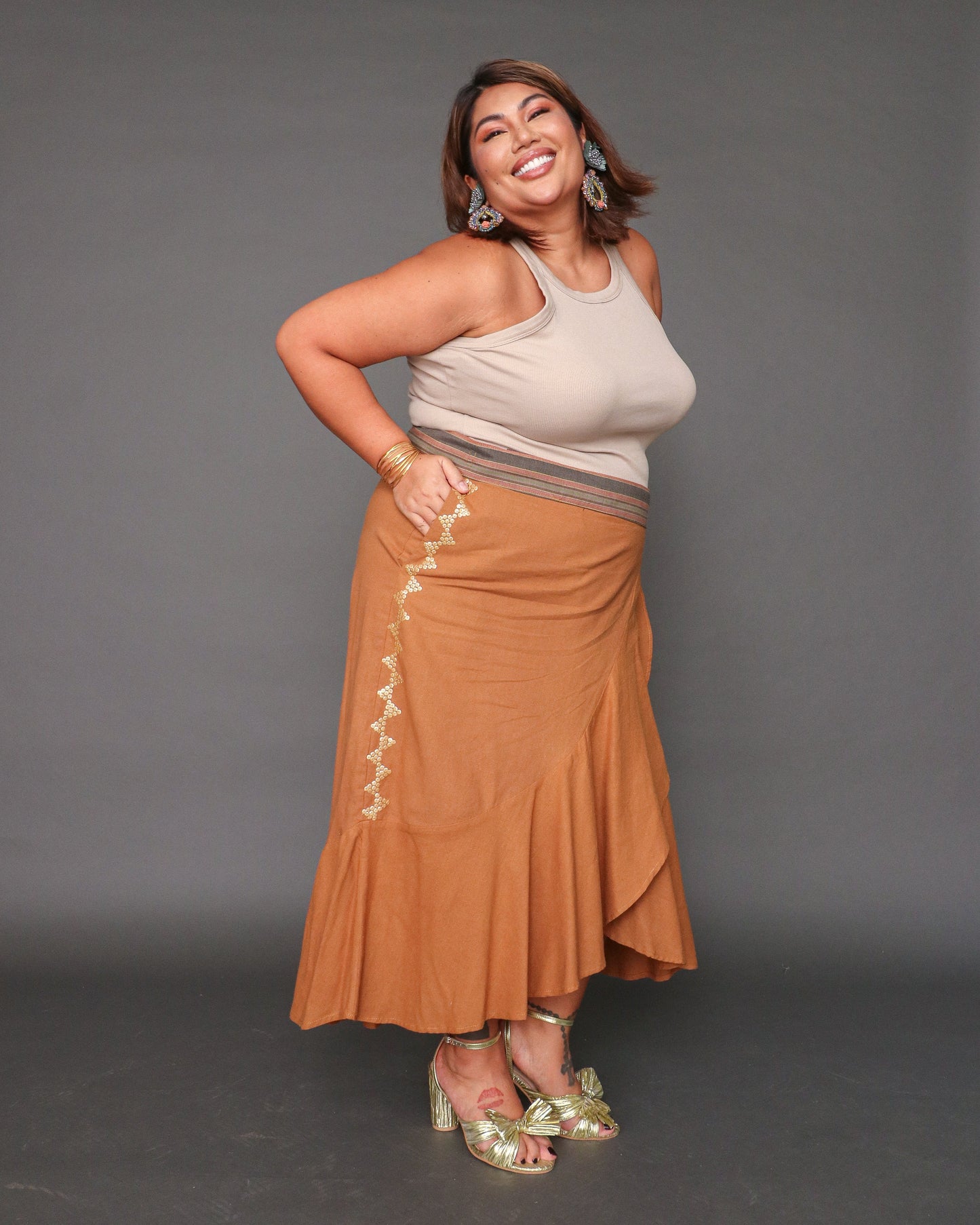 XL Dapit Hapon Wrap Skirt with Kantarines Belt in Brown Linen
