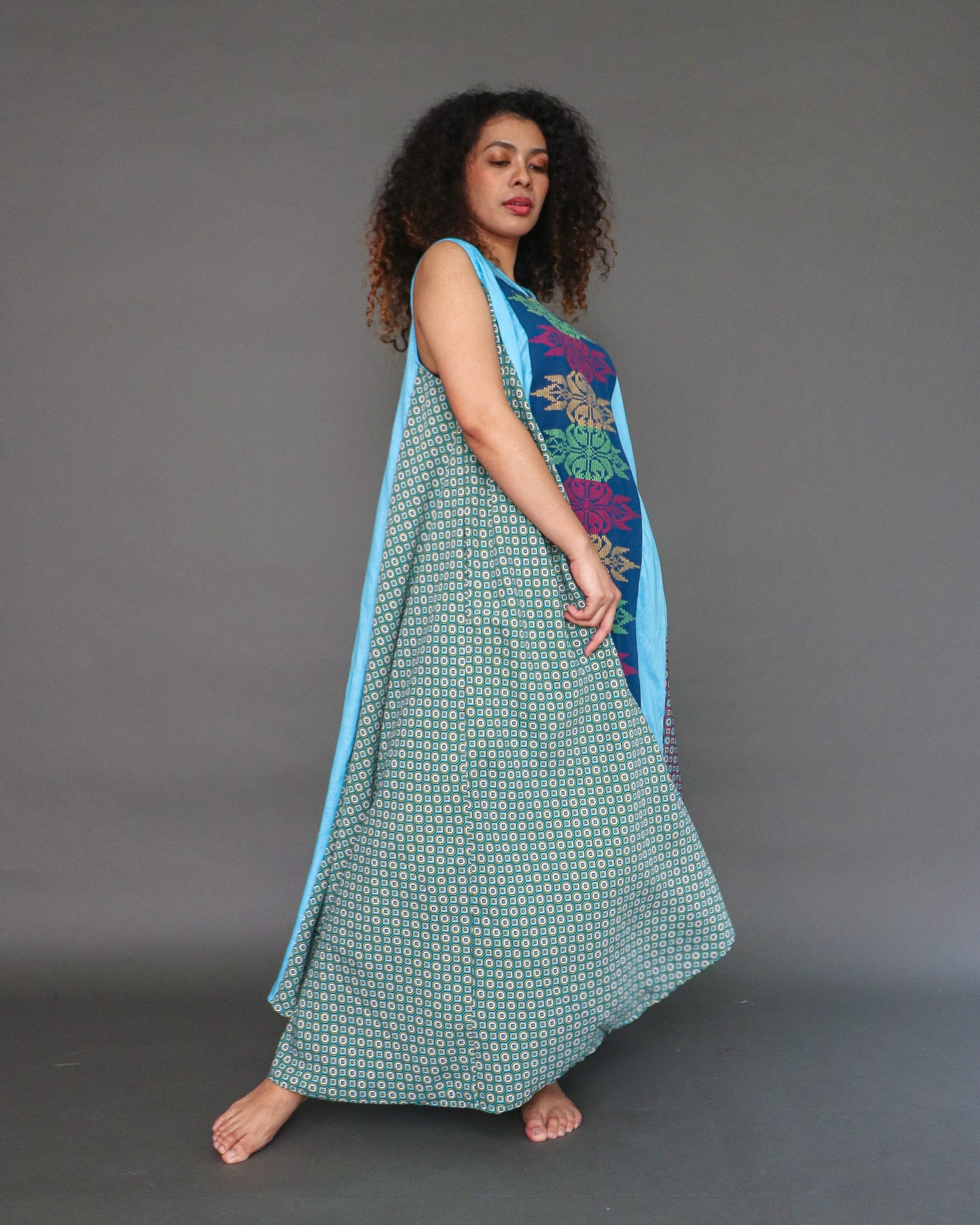 Malawak Blue Green Comfy Dress in Inaul Cotton Weave with Deep Pockets