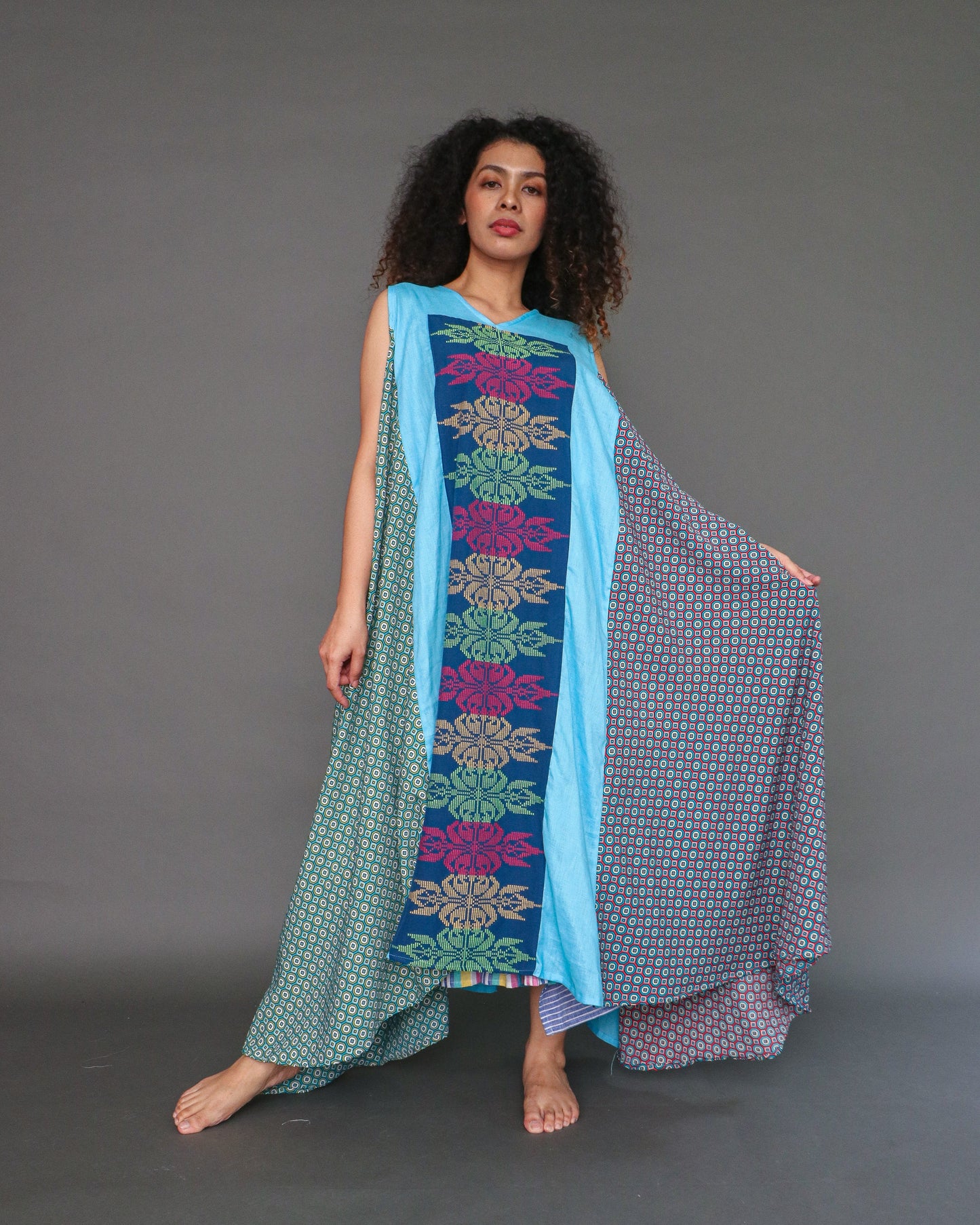 Malawak Blue Green Comfy Dress in Inaul Cotton Weave with Deep Pockets
