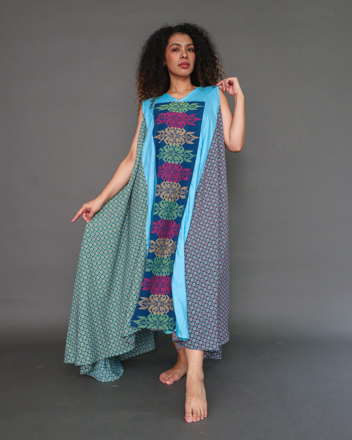 Malawak Blue Green Comfy Dress in Inaul Cotton Weave with Deep Pockets