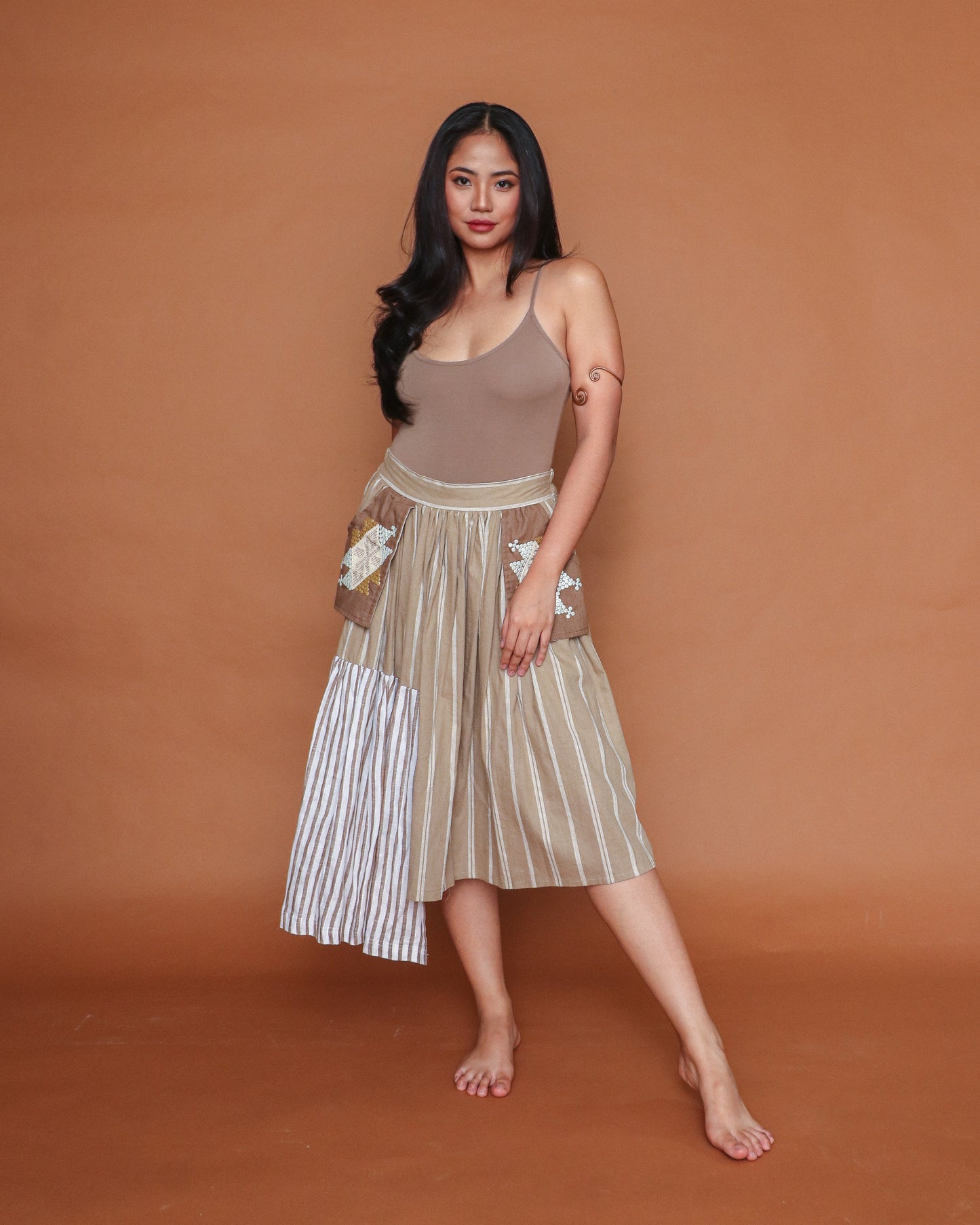 Manila Skirt in Brown Stripes Linen with Yakan Pockets