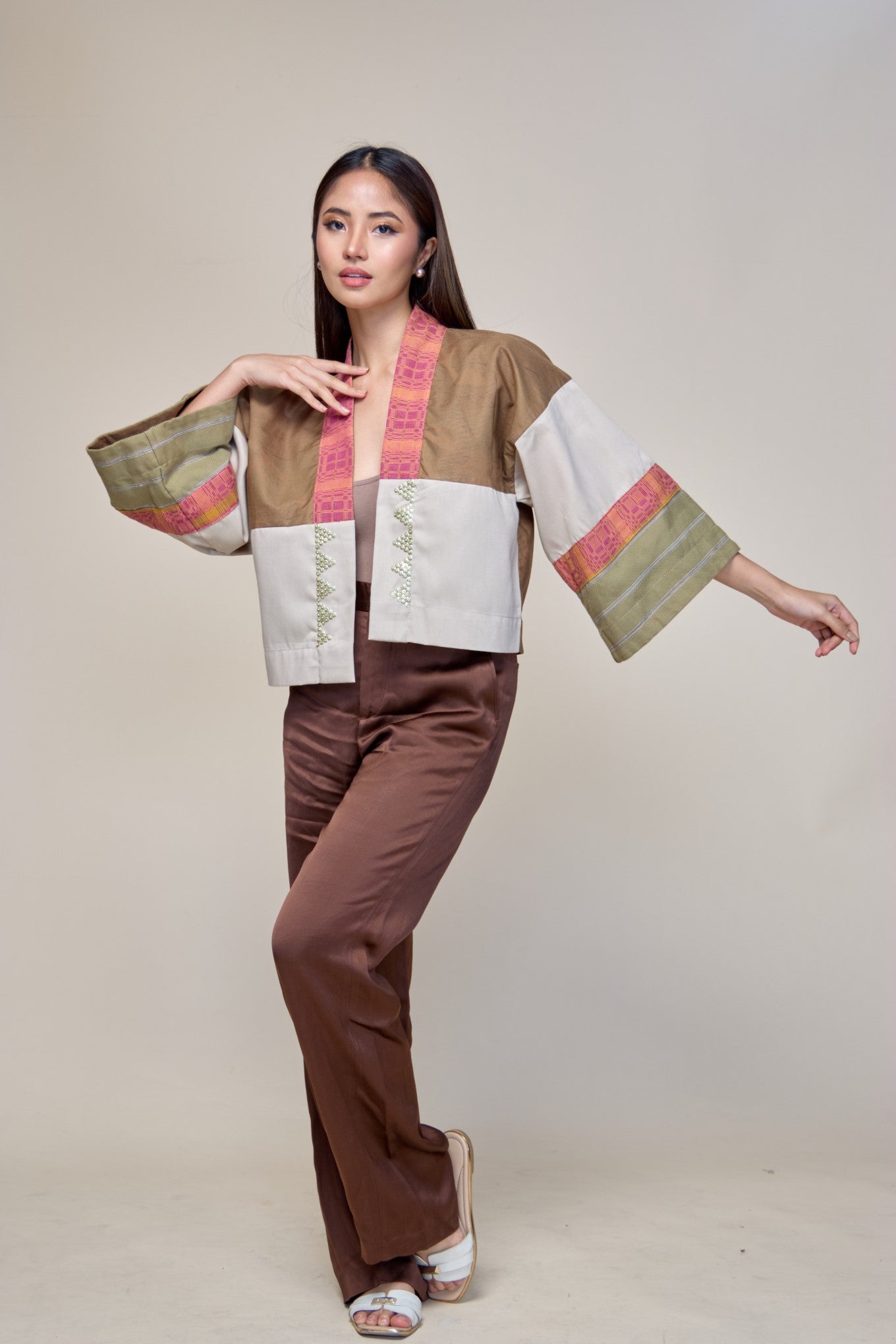 Laban Tayo Crop Kimono in Brown Fatigue Twill with Binakol and Negros Cotton Weaves