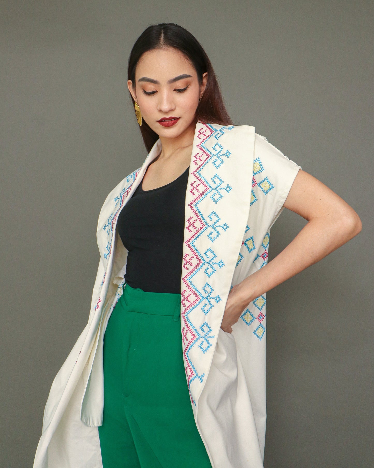Kagalanggalang Trench Kimono with Deep Pockets and Handstitch by Tboli Tribe