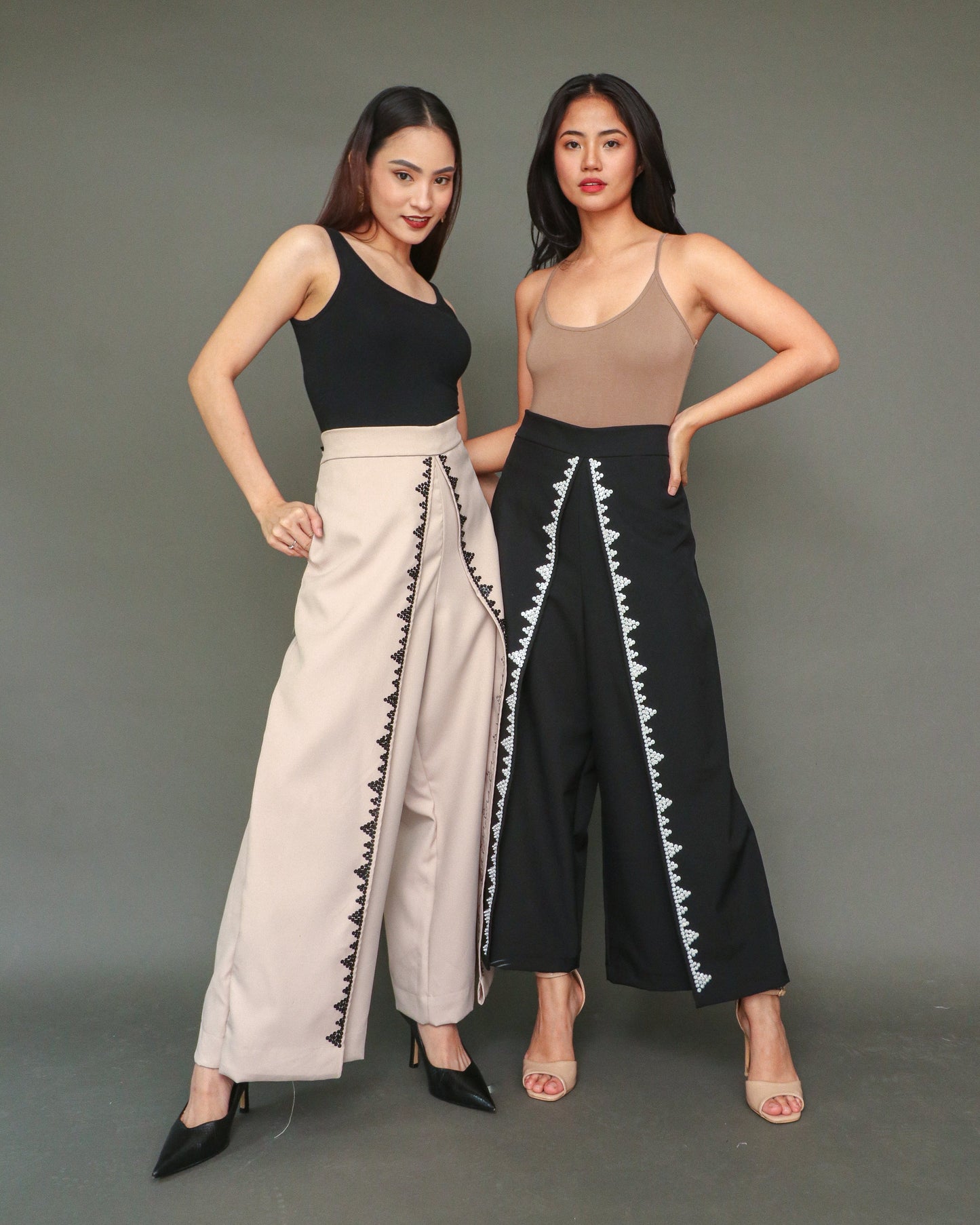Maayos Kausap Non-Crumple Flair Pants with Black Embroidery in Cream