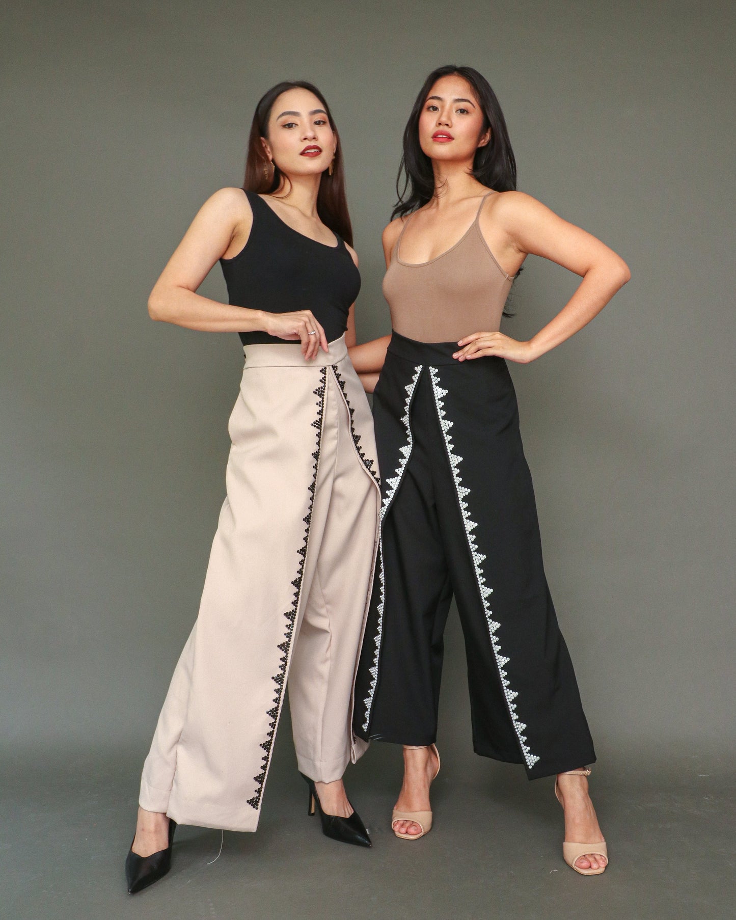 Maayos Kausap Non-Crumple Flair Pants with Black Embroidery in Cream