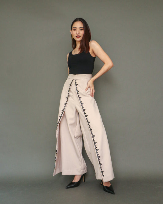 Maayos Kausap Non-Crumple Flair Pants with Black Embroidery in Cream