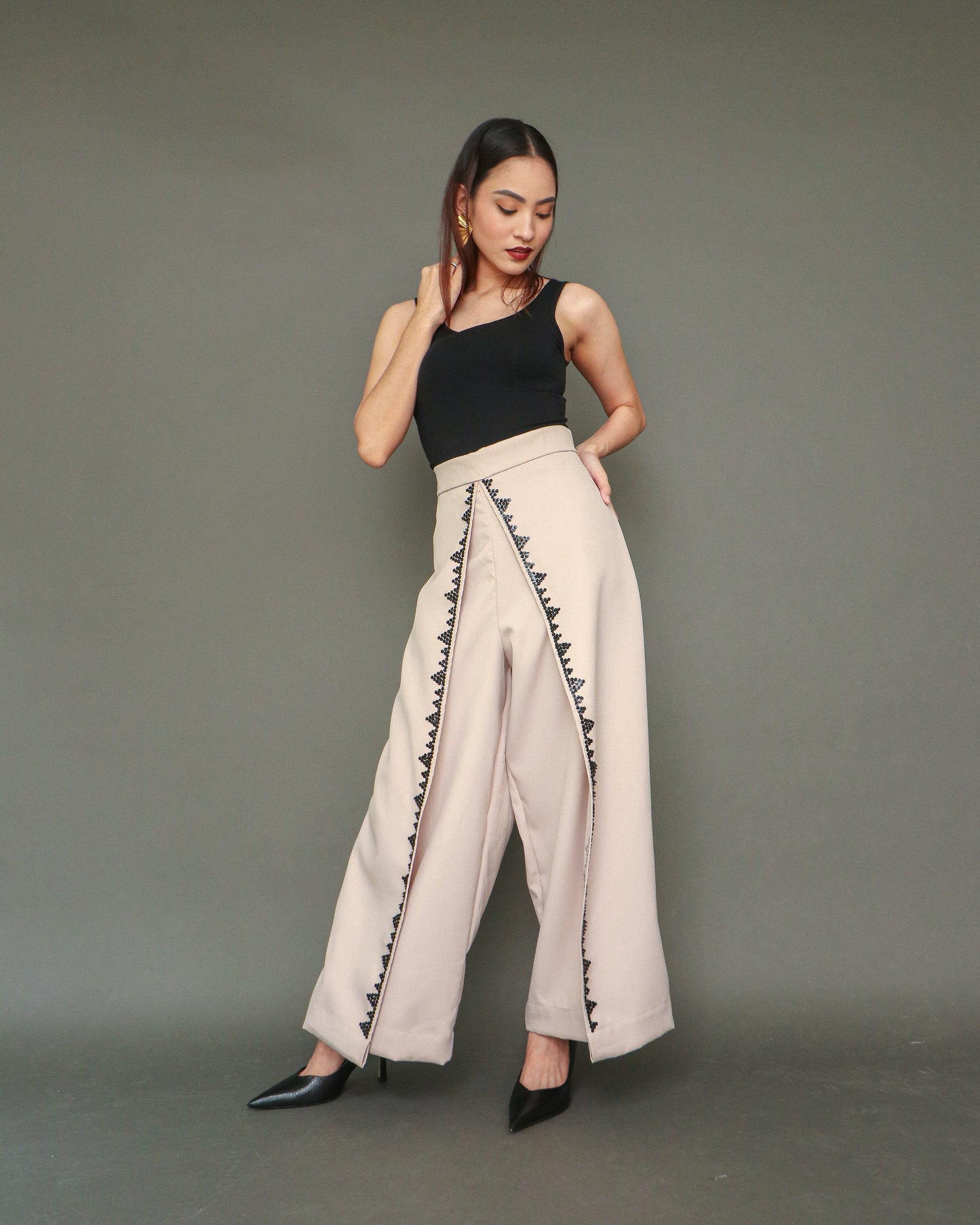 Maayos Kausap Non-Crumple Flair Pants with Black Embroidery in Cream