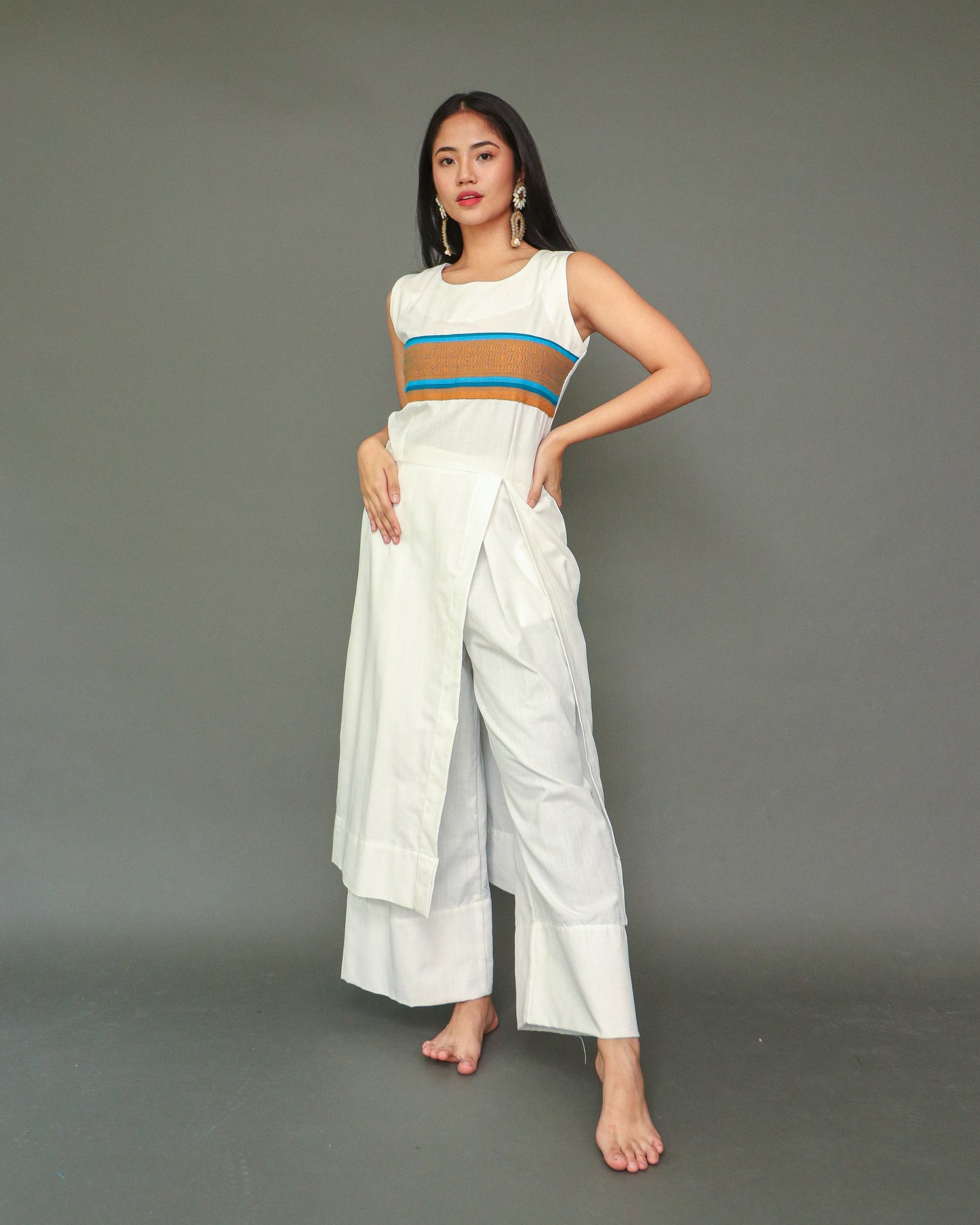 Lilac Long Slit Dress with Wide Pants Coords