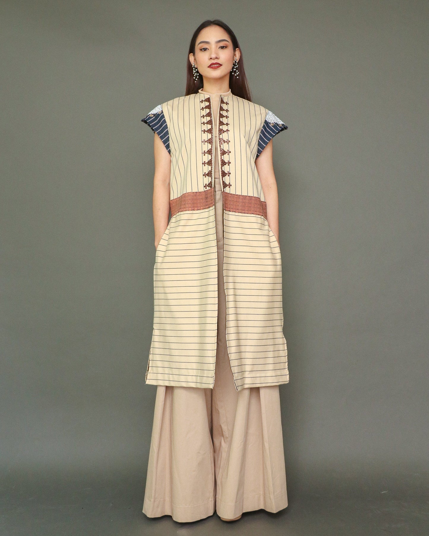 Magandang Dilag Brown Stripes Trench Kimono with Hand Embroidery and Langkit of Marawi