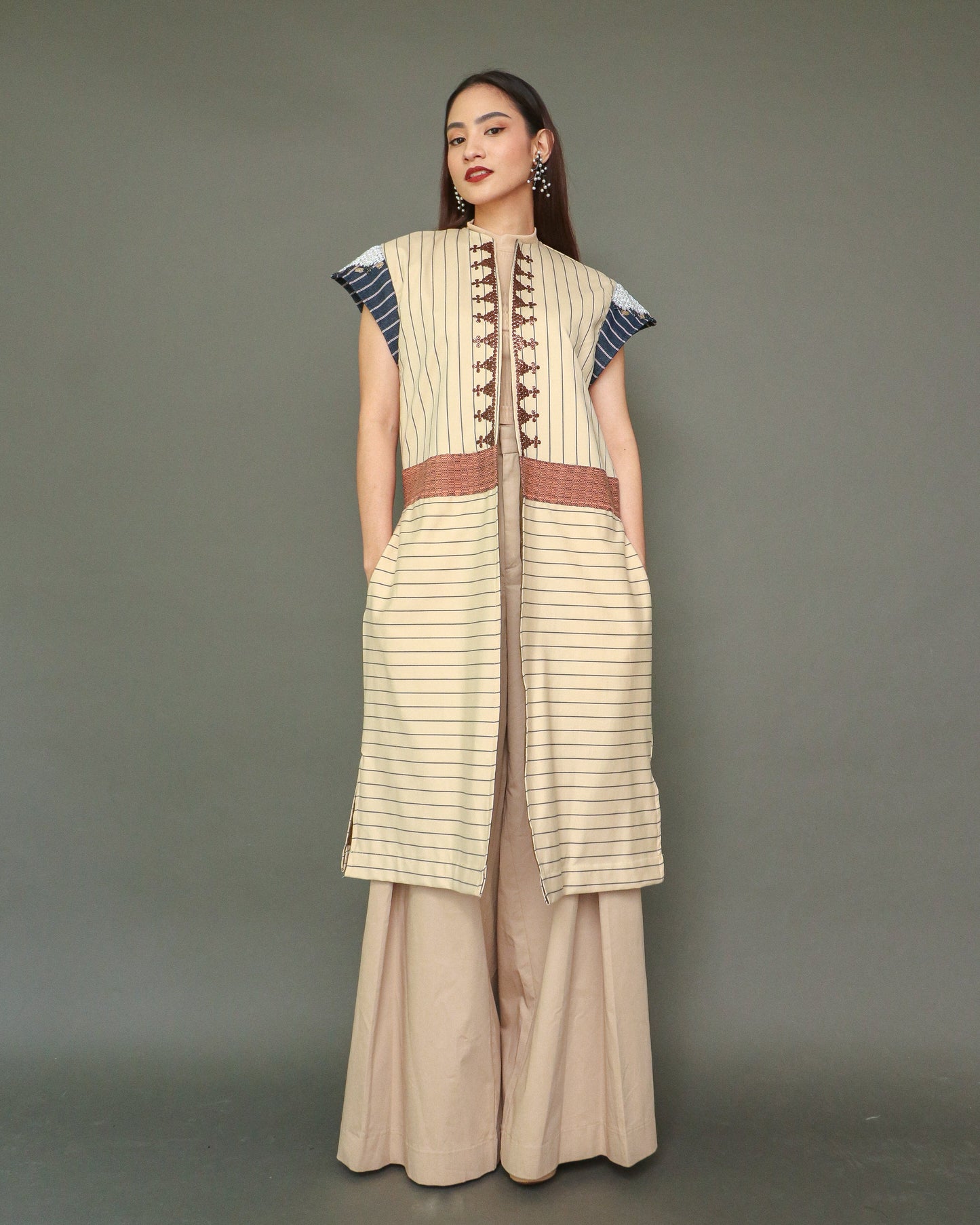 Magandang Dilag Brown Stripes Trench Kimono with Hand Embroidery and Langkit of Marawi