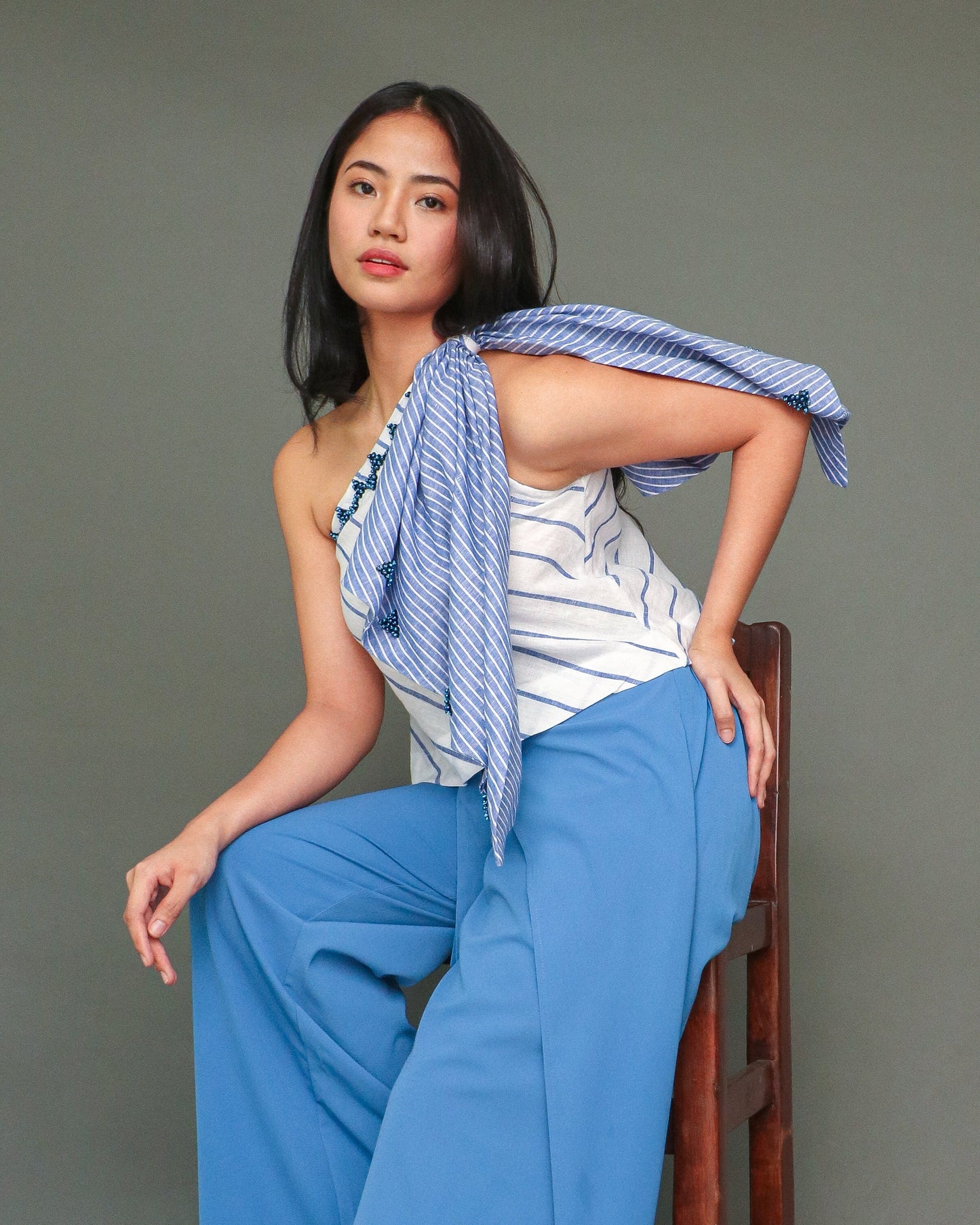 Gabriela Blouse with Huge Ribbon Accent in Light Blue Stripes