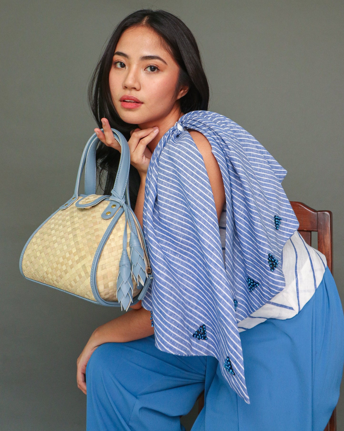 Kawai Pandan Handbag with Leaf Tassel and Long Strap in Powder Blue