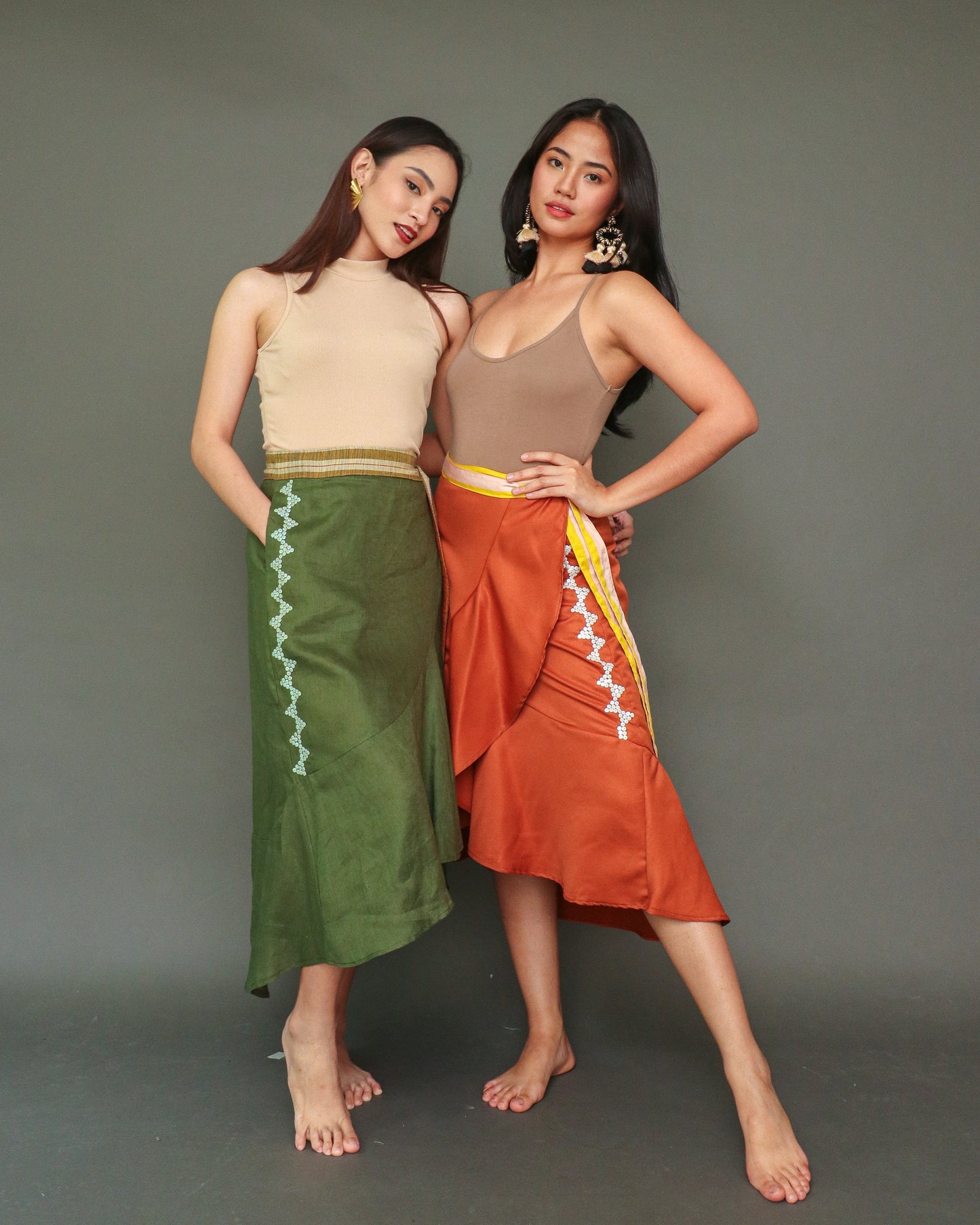 Takip Silim Wrap Skirt with Hand Embroidery and Deep Pockets in Burnt Orange