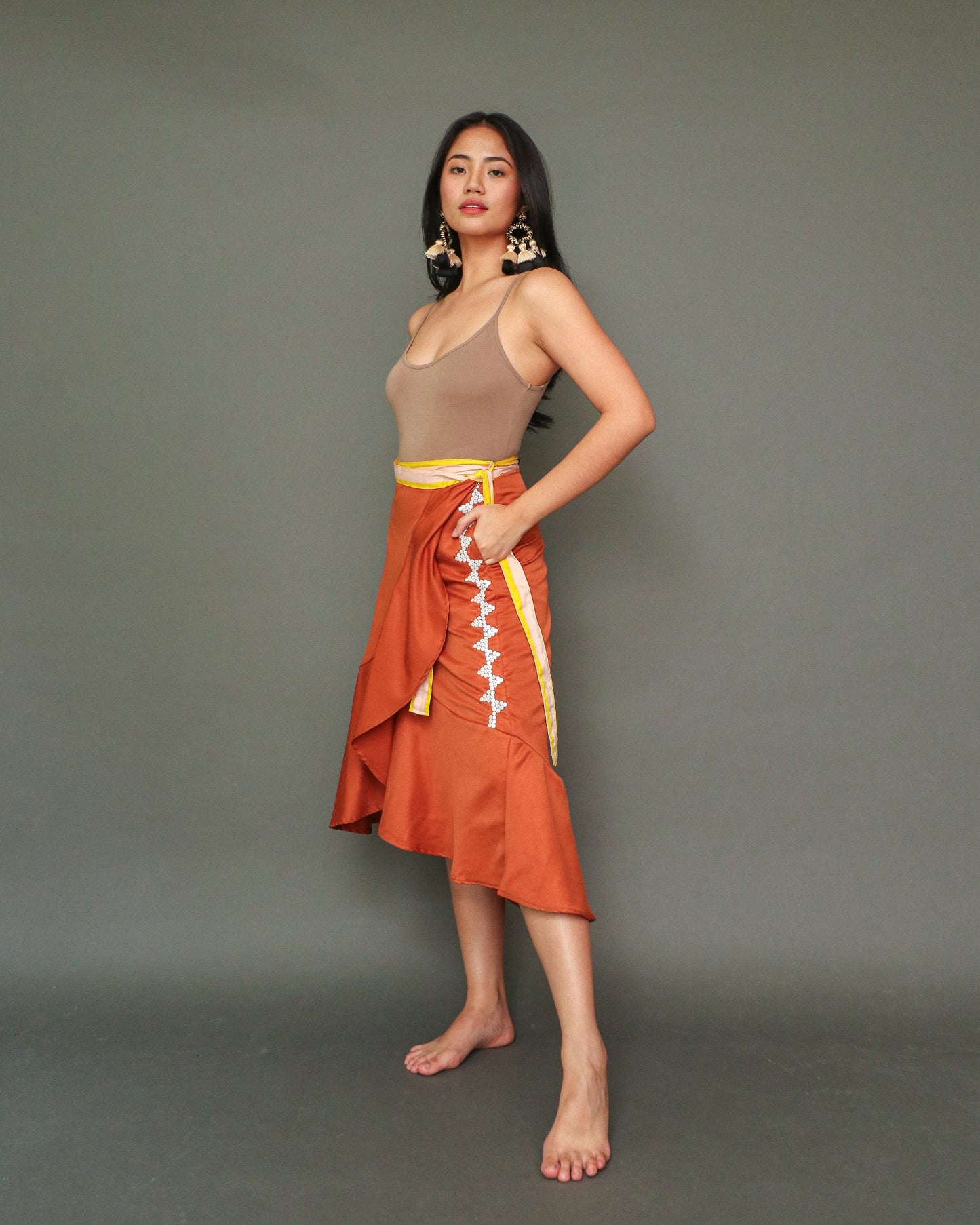 Takip Silim Wrap Skirt with Hand Embroidery and Deep Pockets in Burnt Orange