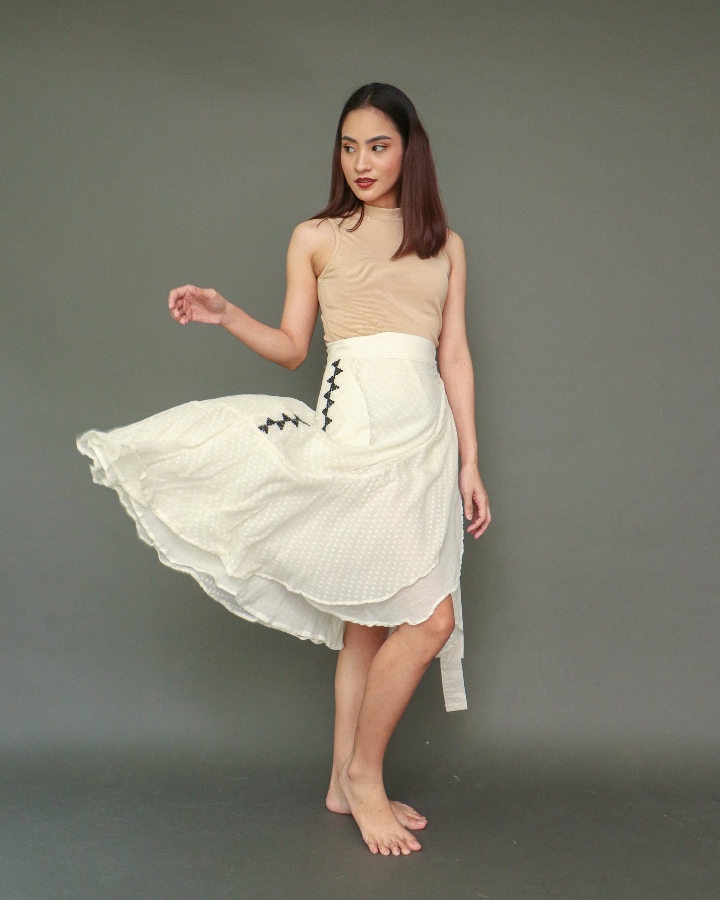 Buong Araw Linen Wrap Skirt with Hand Embroidery and Deep Pockets in Umaga White