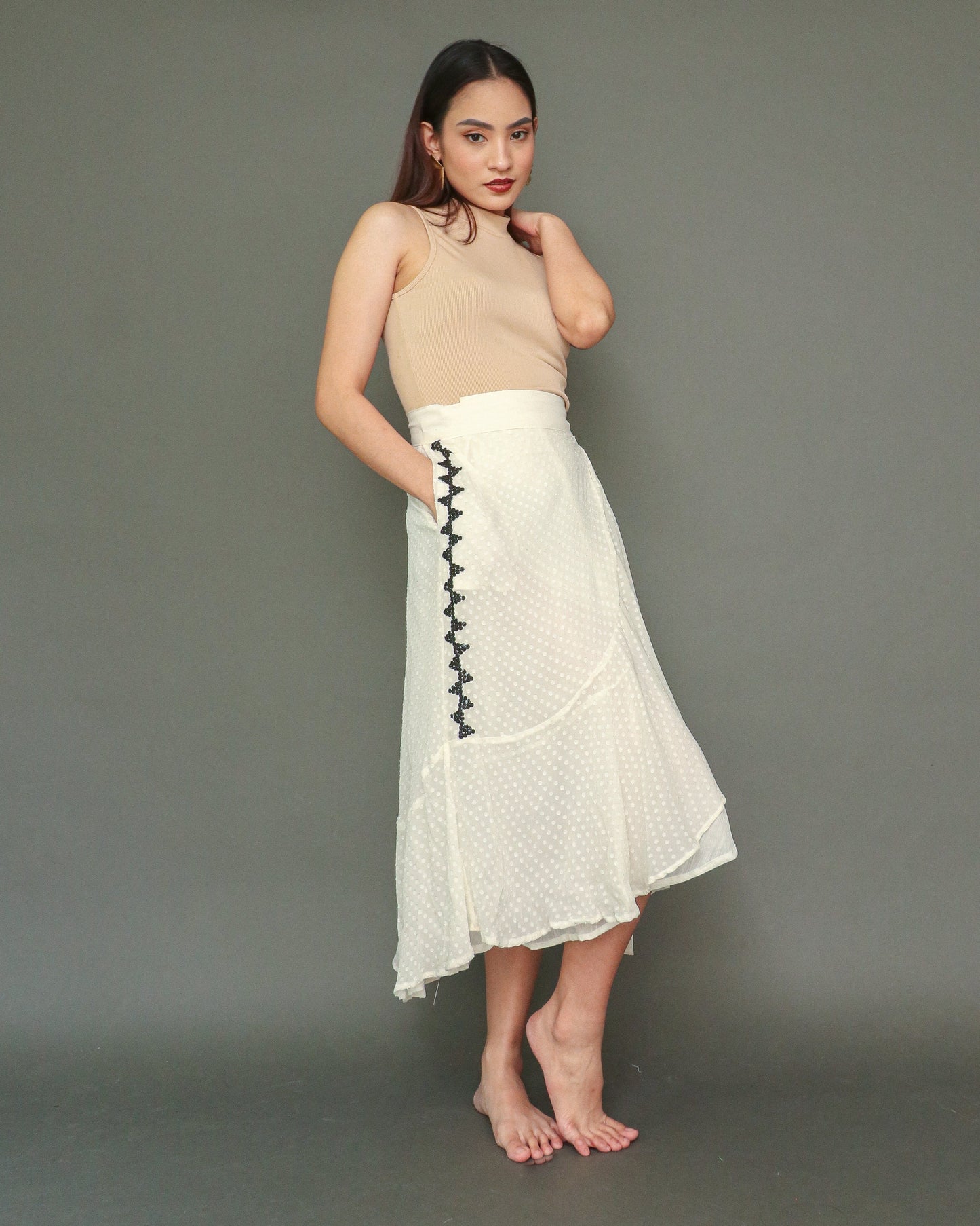 Buong Araw Linen Wrap Skirt with Hand Embroidery and Deep Pockets in Umaga White
