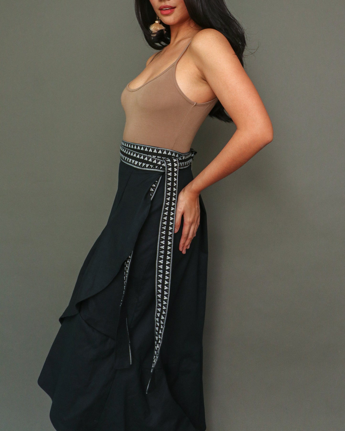 Buong Araw Linen Wrap Skirt with Hand Embroidery and Deep Pockets in Black