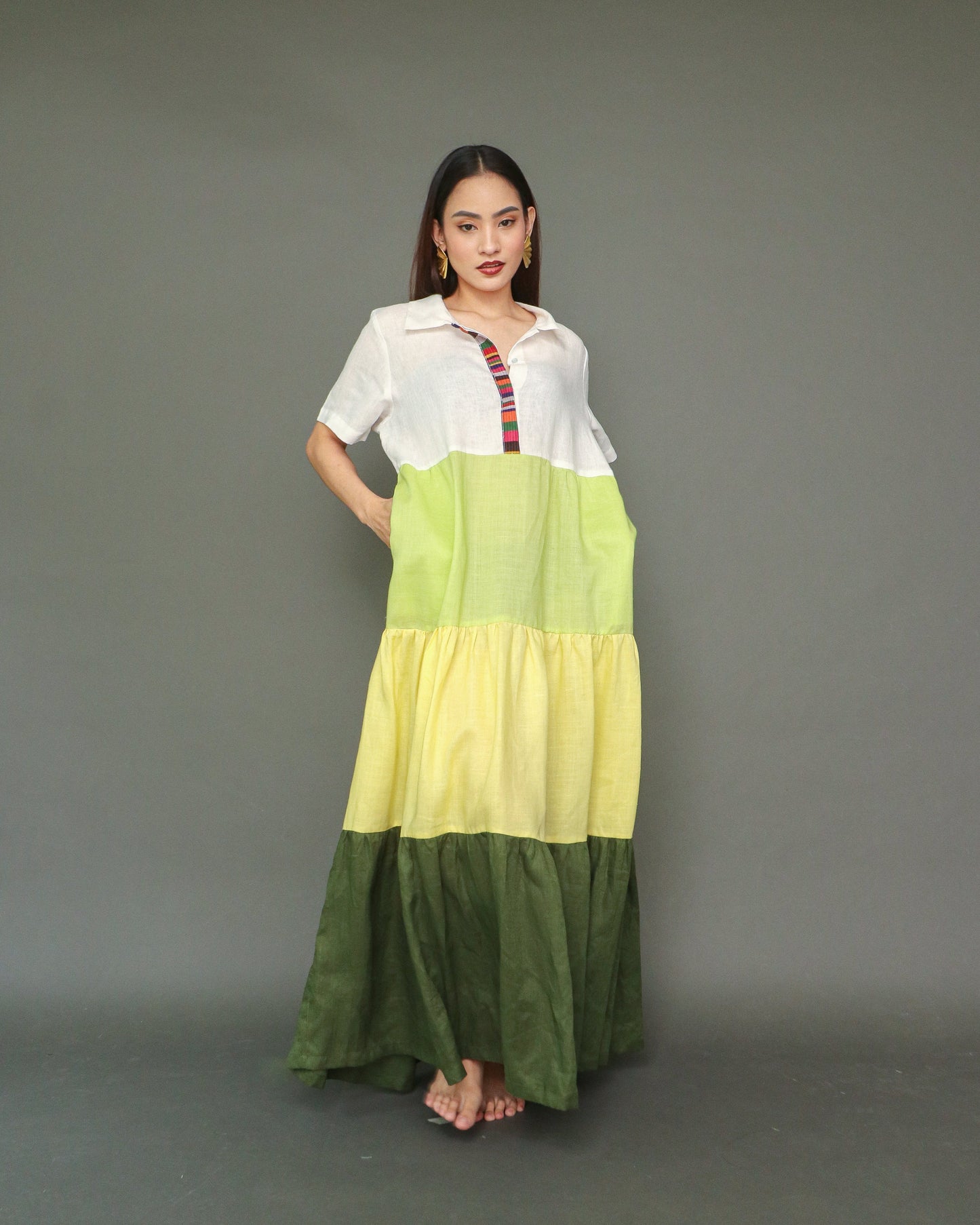 Tres Marias Tiered Linen Resort Dress in Lime Yellow
