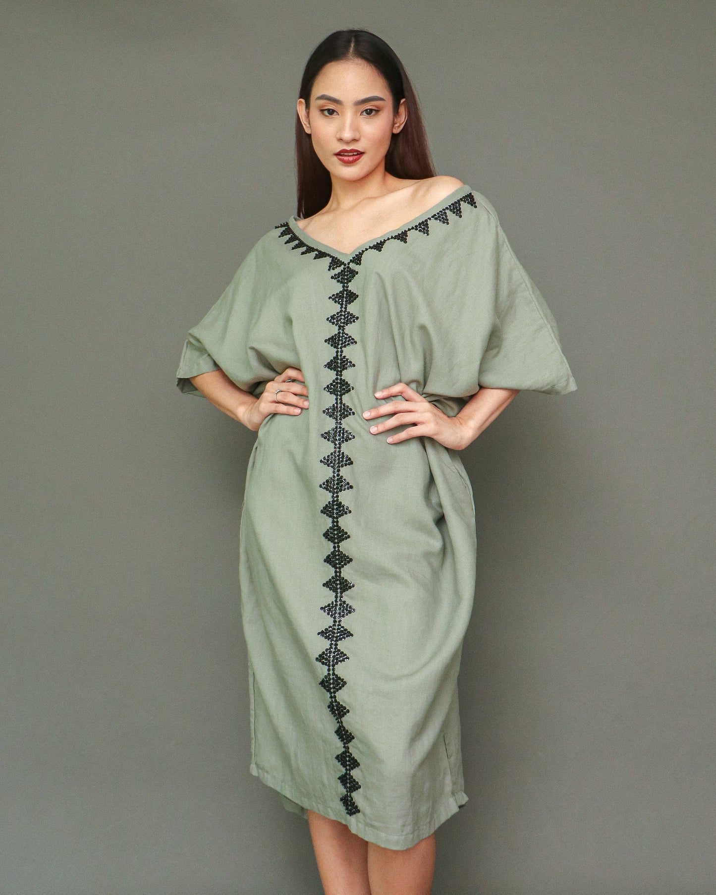 All Day Comfy Linen Dress in Olive Green