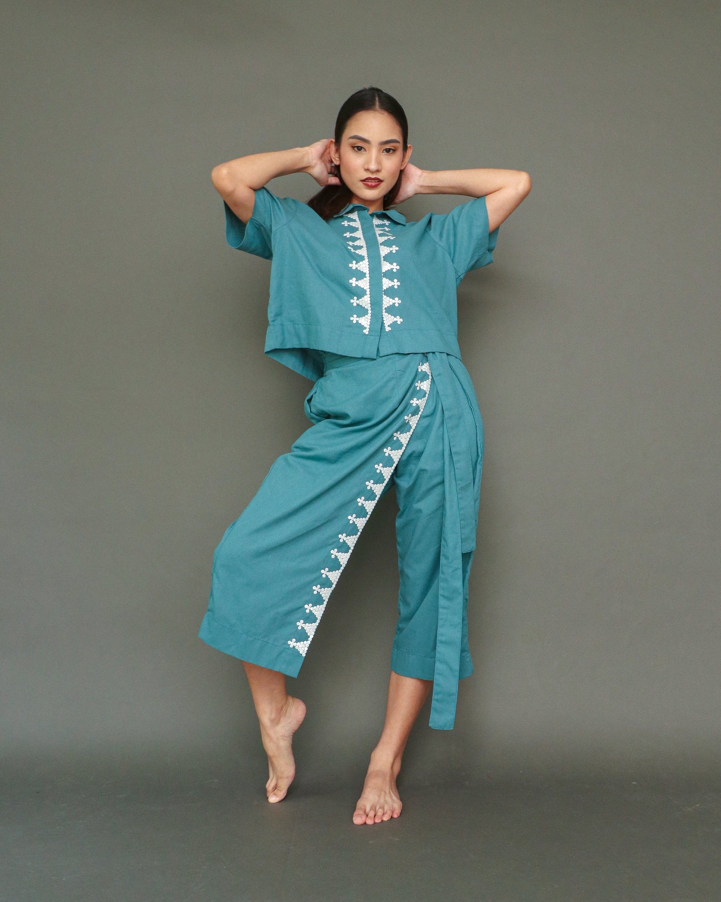 Lakwatsa Coords Blue Linen with Hand Embroidery