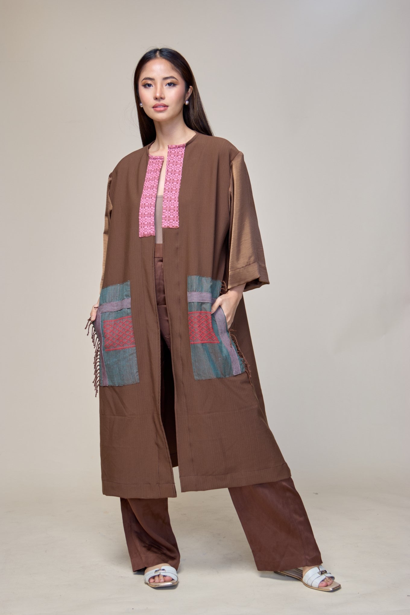 Coffee Kaftan in Philippine Silk and Hablon Weave