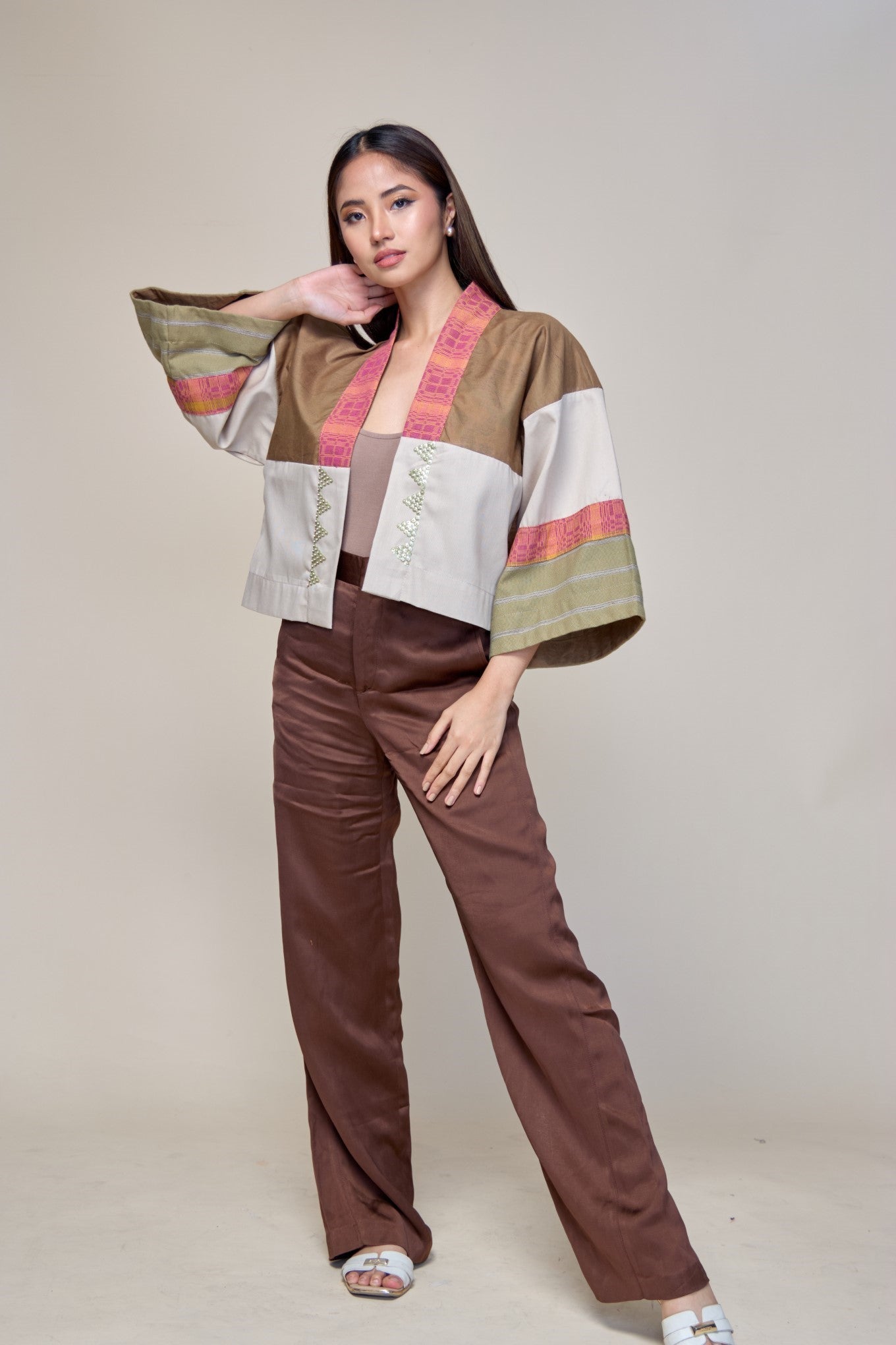 Laban Tayo Crop Kimono in Brown Fatigue Twill with Binakol and Negros Cotton Weaves