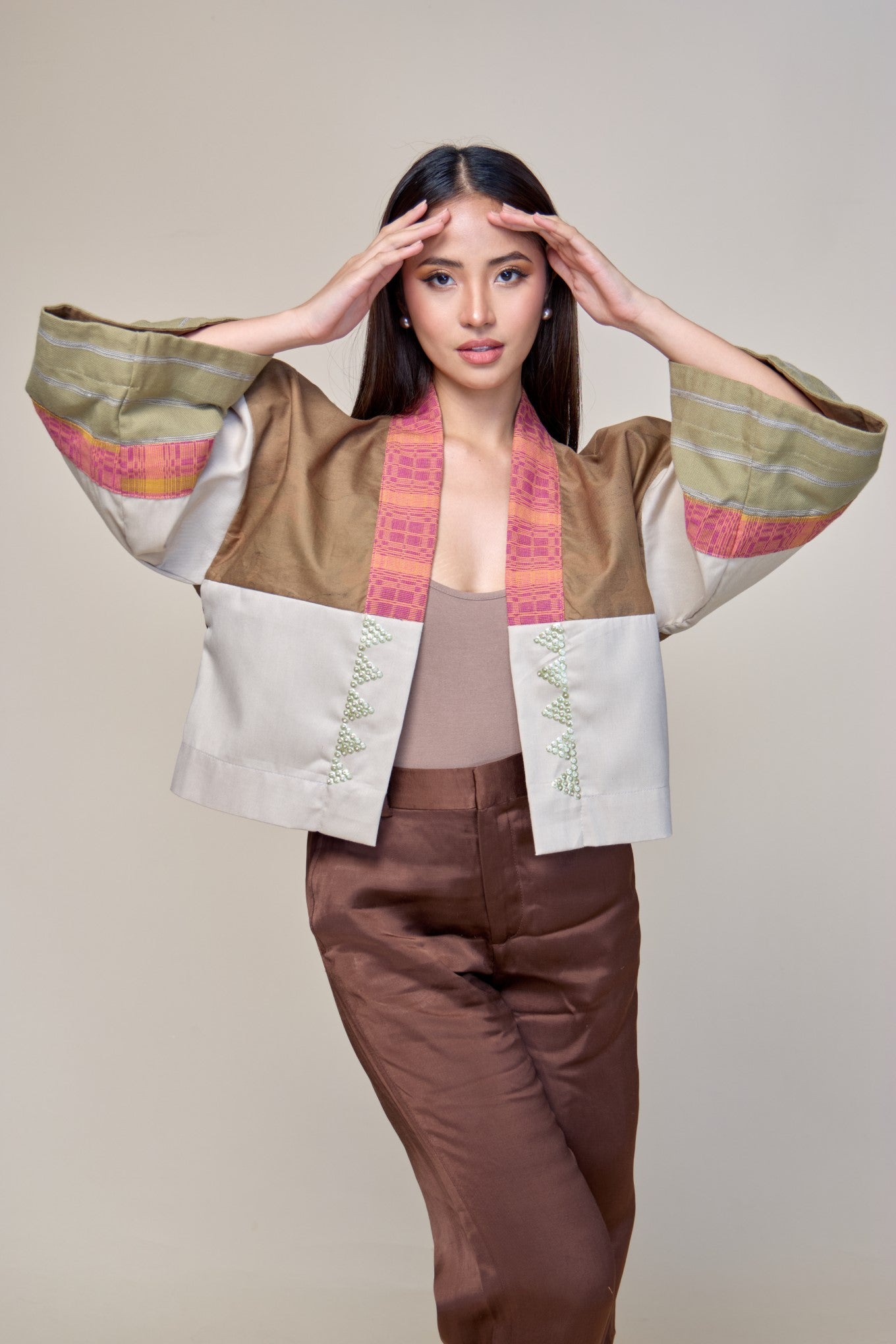 Laban Tayo Crop Kimono in Brown Fatigue Twill with Binakol and Negros Cotton Weaves