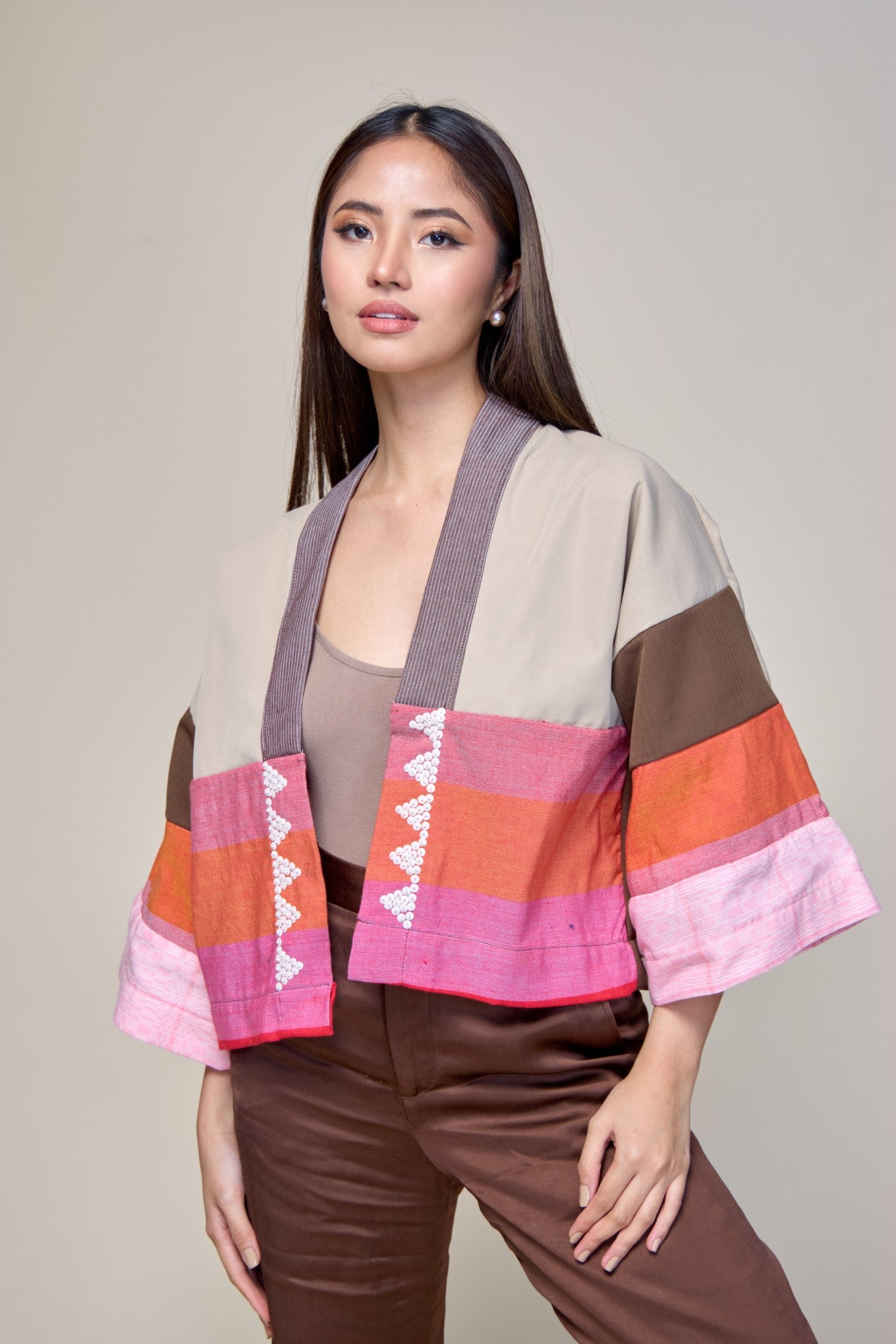 Laban Tayo Crop Kimono in Brown Fatigue Twill with Binakol and Negros Cotton Weaves