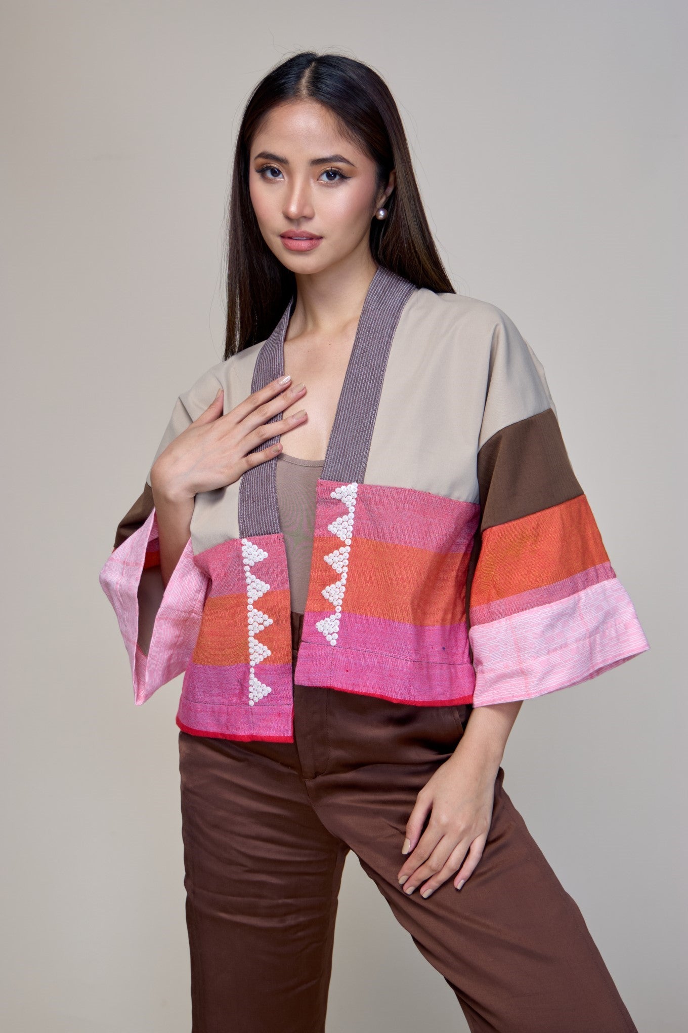 Laban Tayo Crop Kimono in Brown Fatigue Twill with Binakol and Negros Cotton Weaves