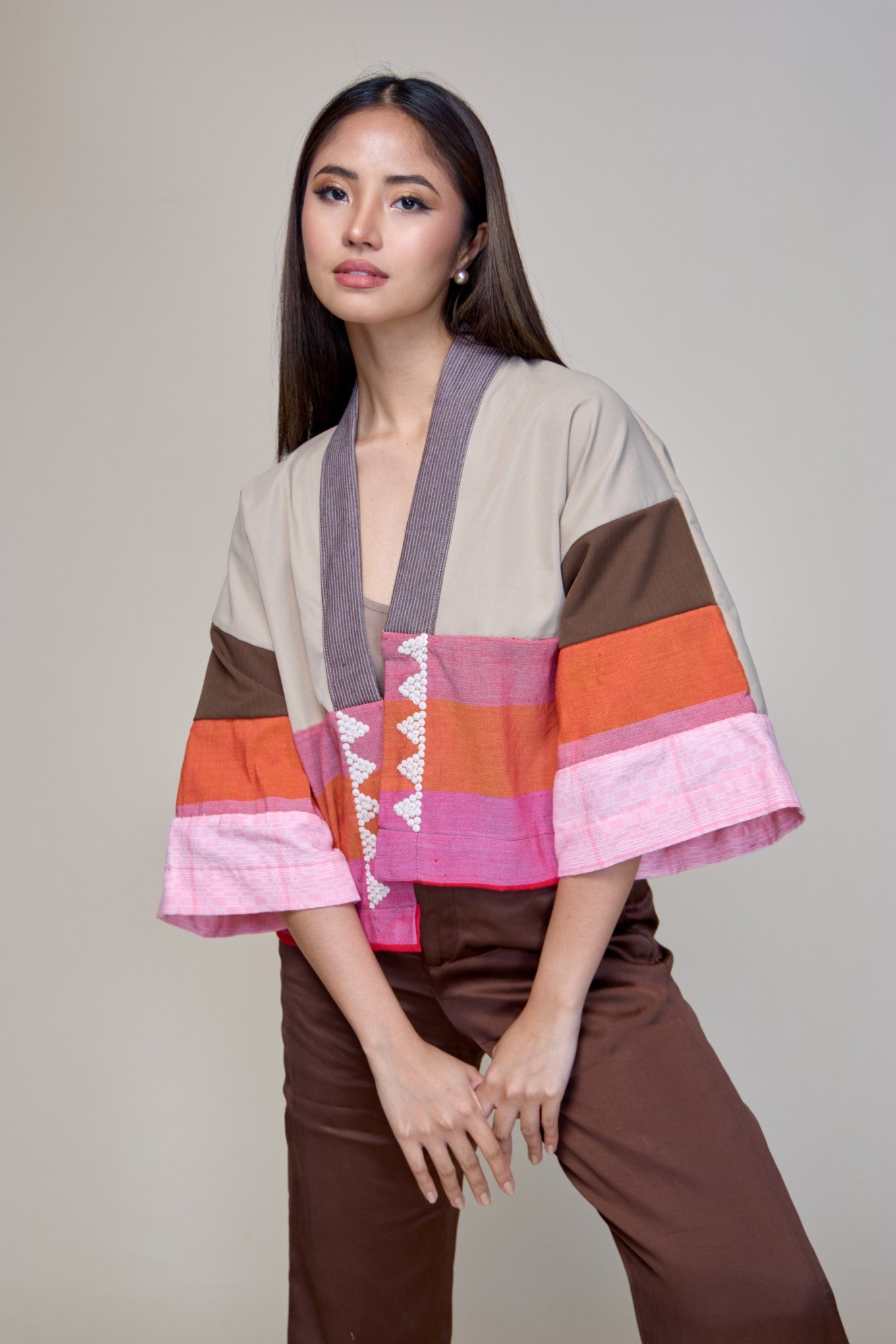 Laban Tayo Crop Kimono in Brown Fatigue Twill with Binakol and Negros Cotton Weaves