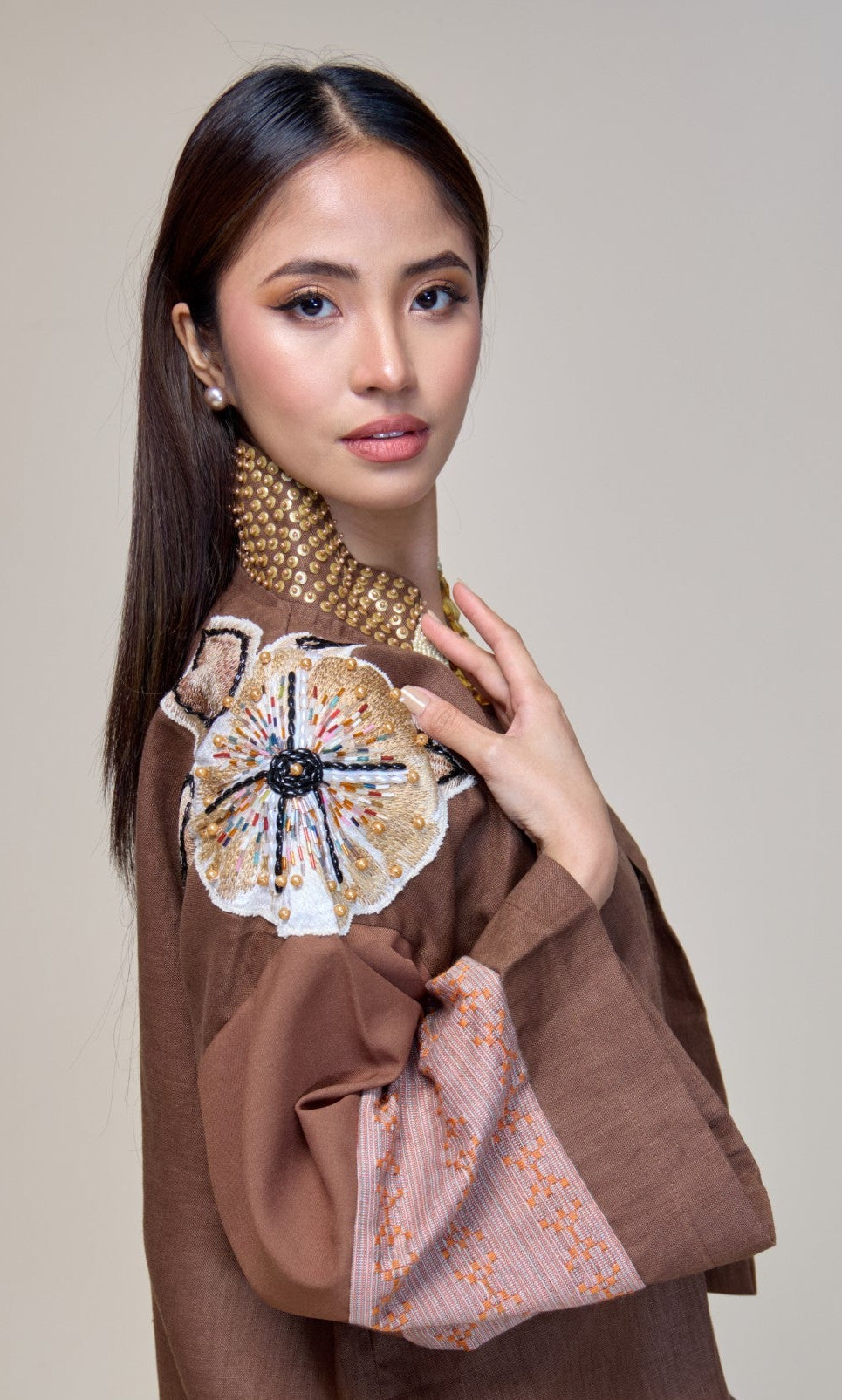 Itinakda Rustic Brown Pure Linen Cover Up Poncho with Hand Embroidery