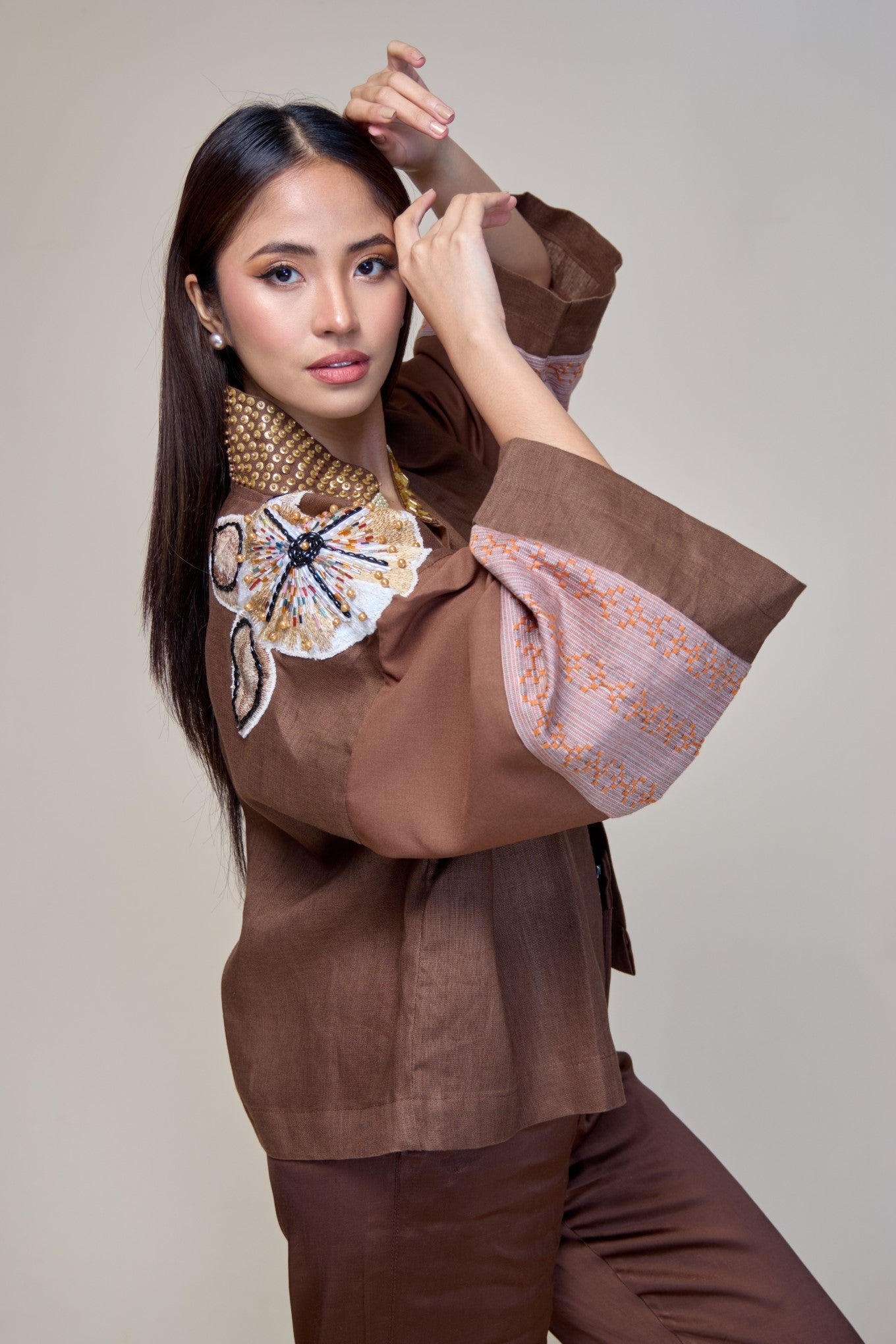 Itinakda Rustic Brown Pure Linen Cover Up Poncho with Hand Embroidery