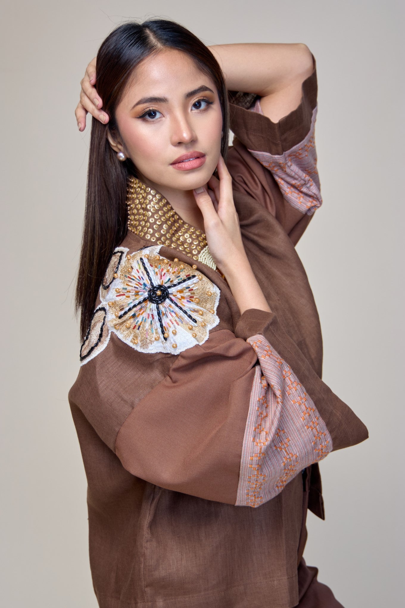 Itinakda Rustic Brown Pure Linen Cover Up Poncho with Hand Embroidery