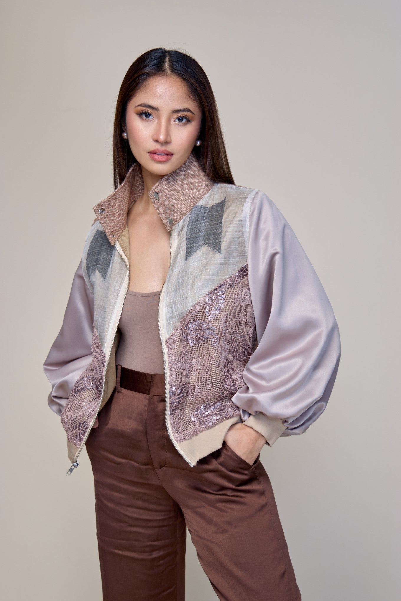 Kape-kape Bomber Jacket in Suksuk Piña Barong of Aklan