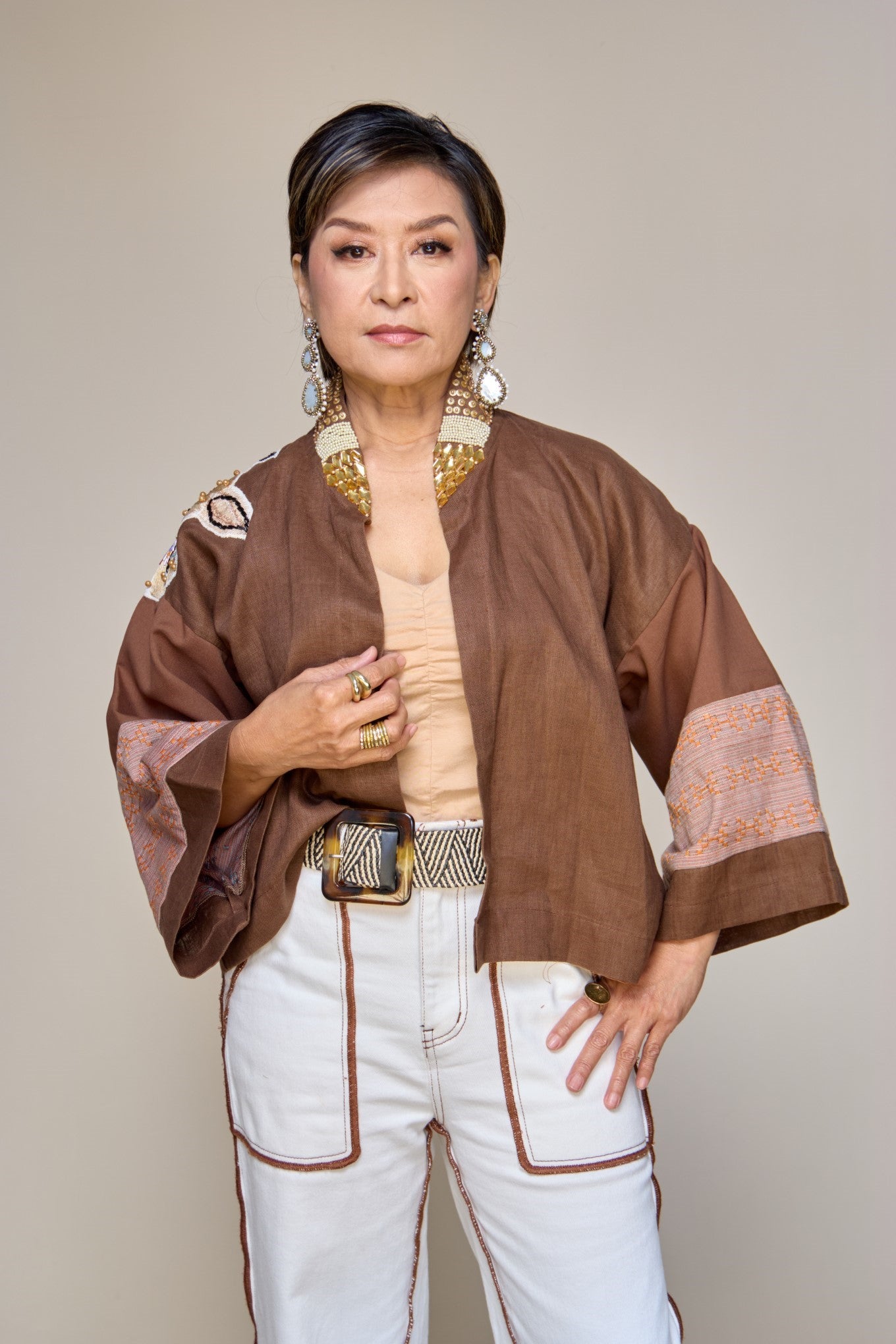 Itinakda Rustic Brown Pure Linen Cover Up Poncho with Hand Embroidery