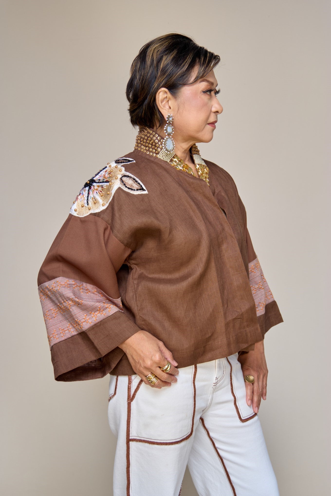 Itinakda Rustic Brown Pure Linen Cover Up Poncho with Hand Embroidery