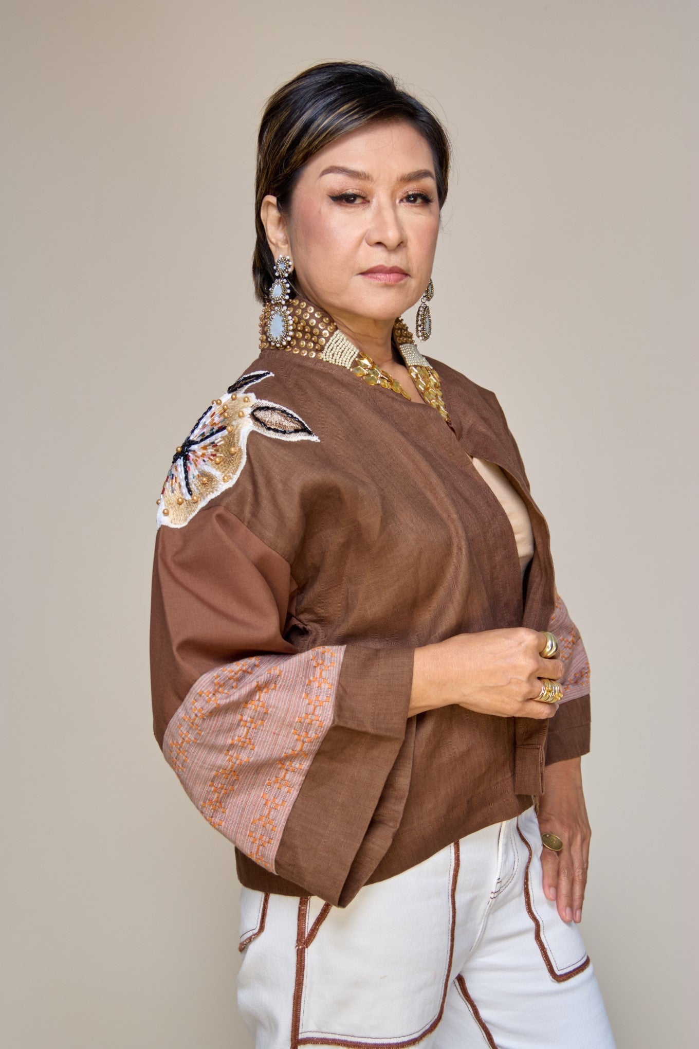Itinakda Rustic Brown Pure Linen Cover Up Poncho with Hand Embroidery