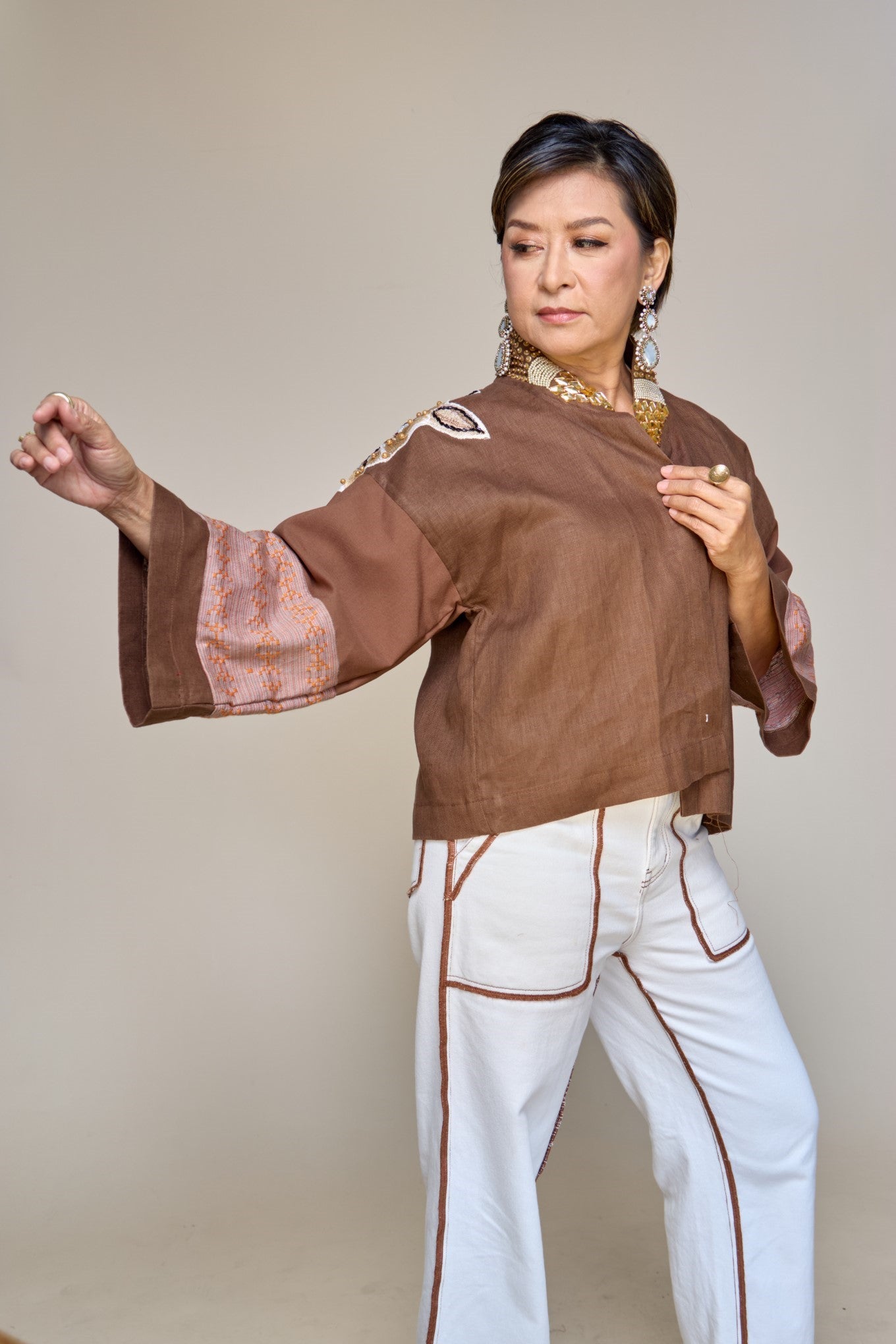 Itinakda Rustic Brown Pure Linen Cover Up Poncho with Hand Embroidery