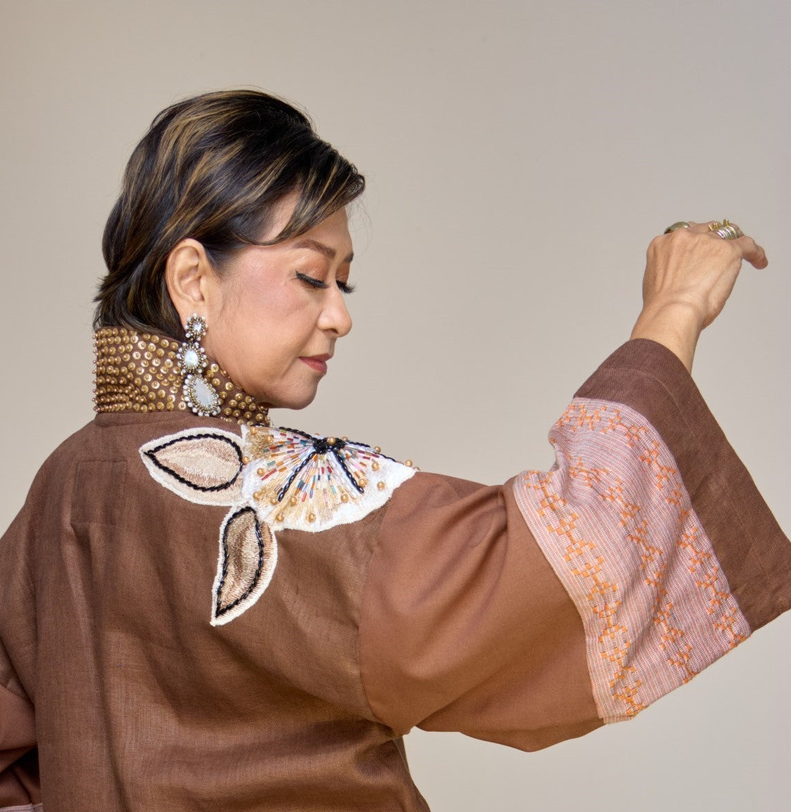 Itinakda Rustic Brown Pure Linen Cover Up Poncho with Hand Embroidery