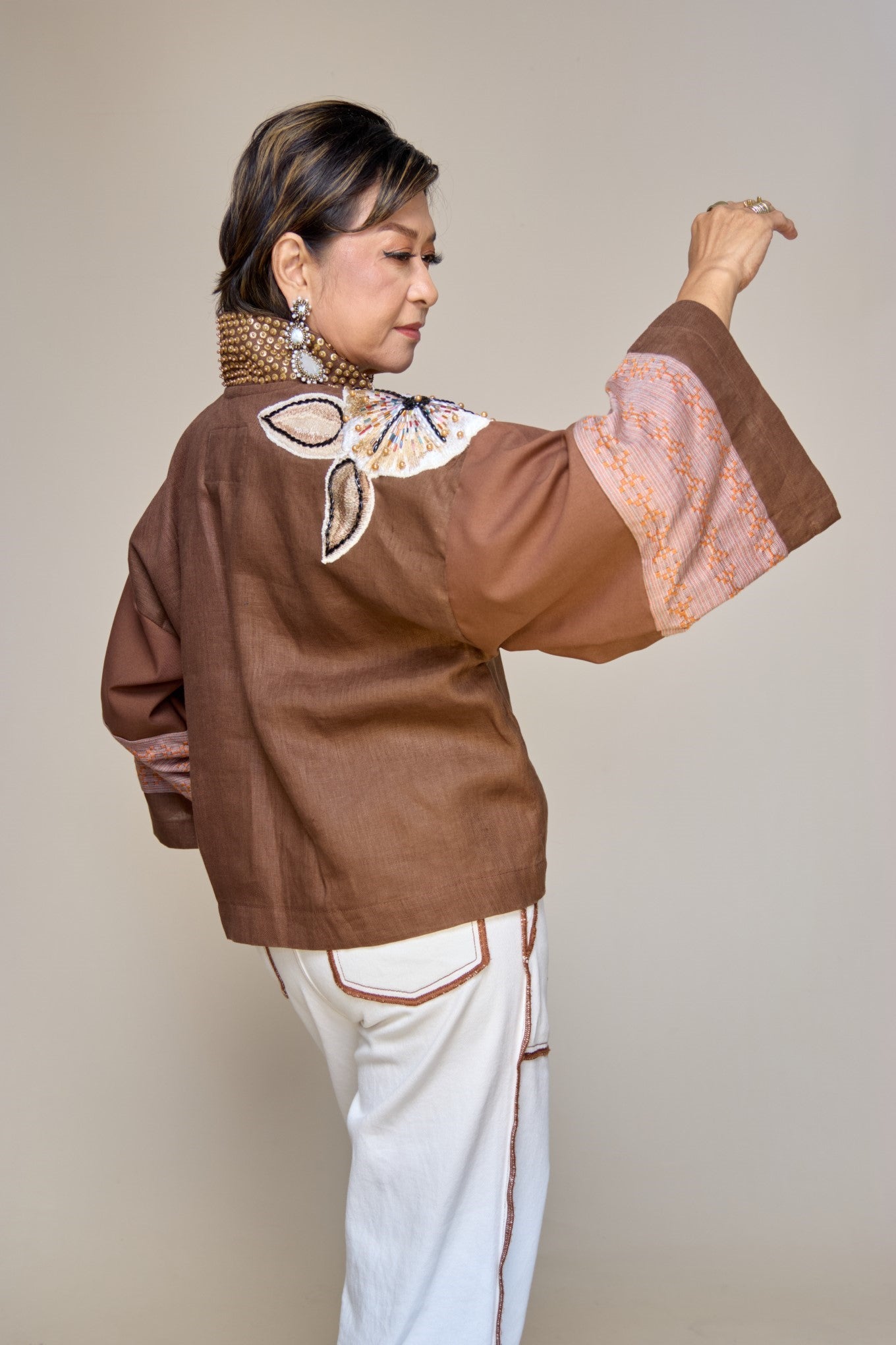 Itinakda Rustic Brown Pure Linen Cover Up Poncho with Hand Embroidery