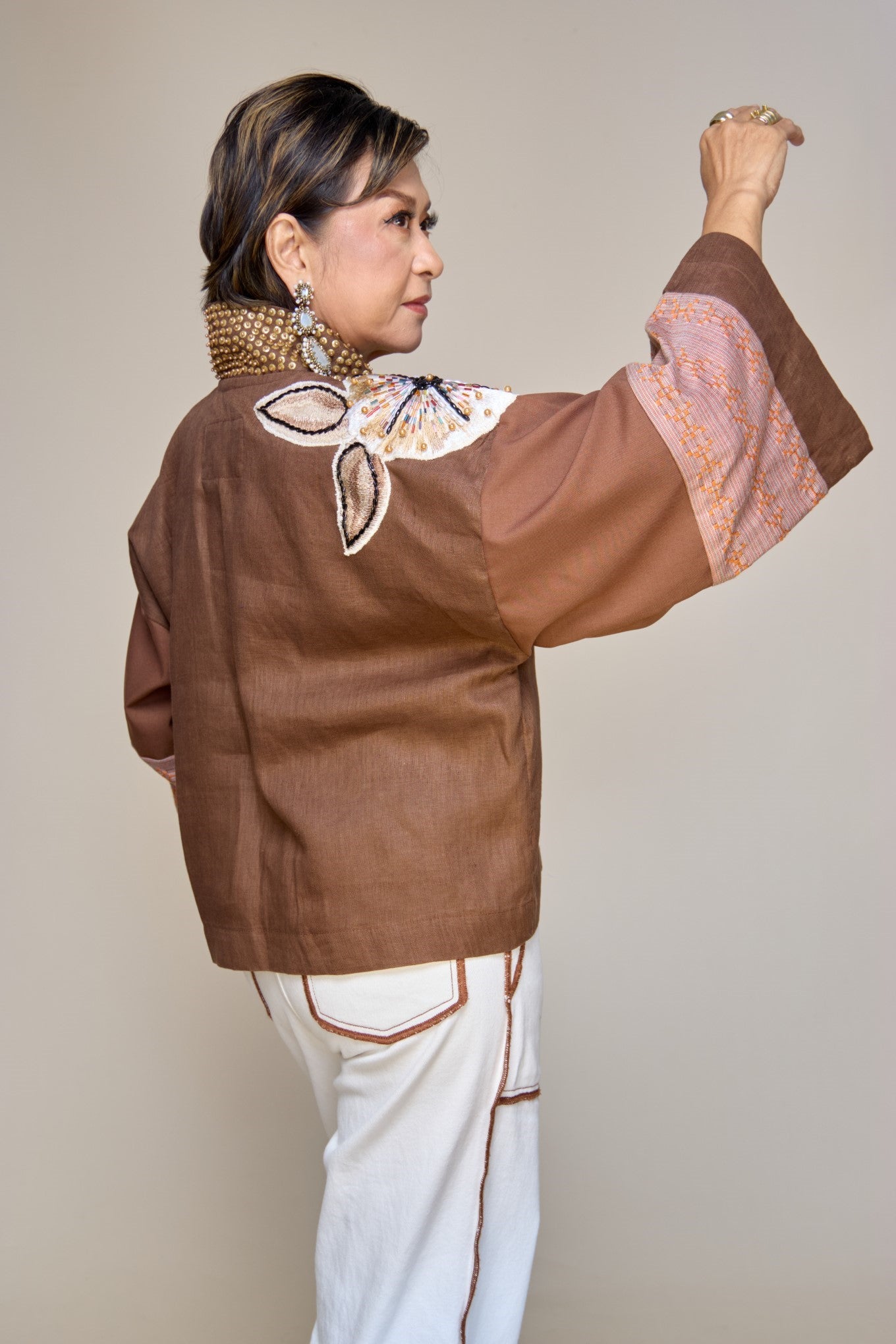 Itinakda Rustic Brown Pure Linen Cover Up Poncho with Hand Embroidery