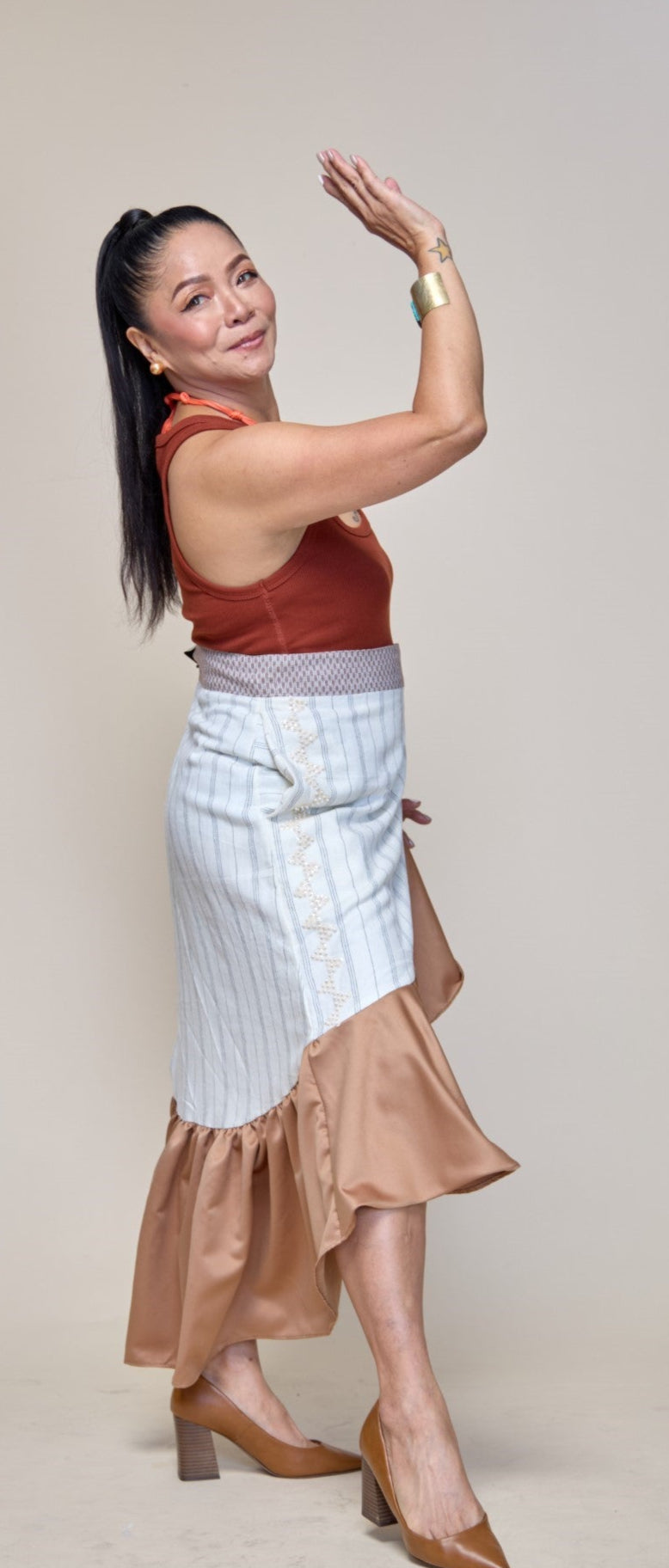 Sayaw Brown Wrap Skirt with Binakol weave and Tboli Embroidery