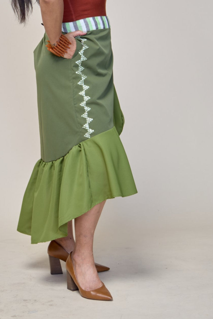 Sayaw Green Wrap Skirt with Binakol weave and Tboli Embroidery