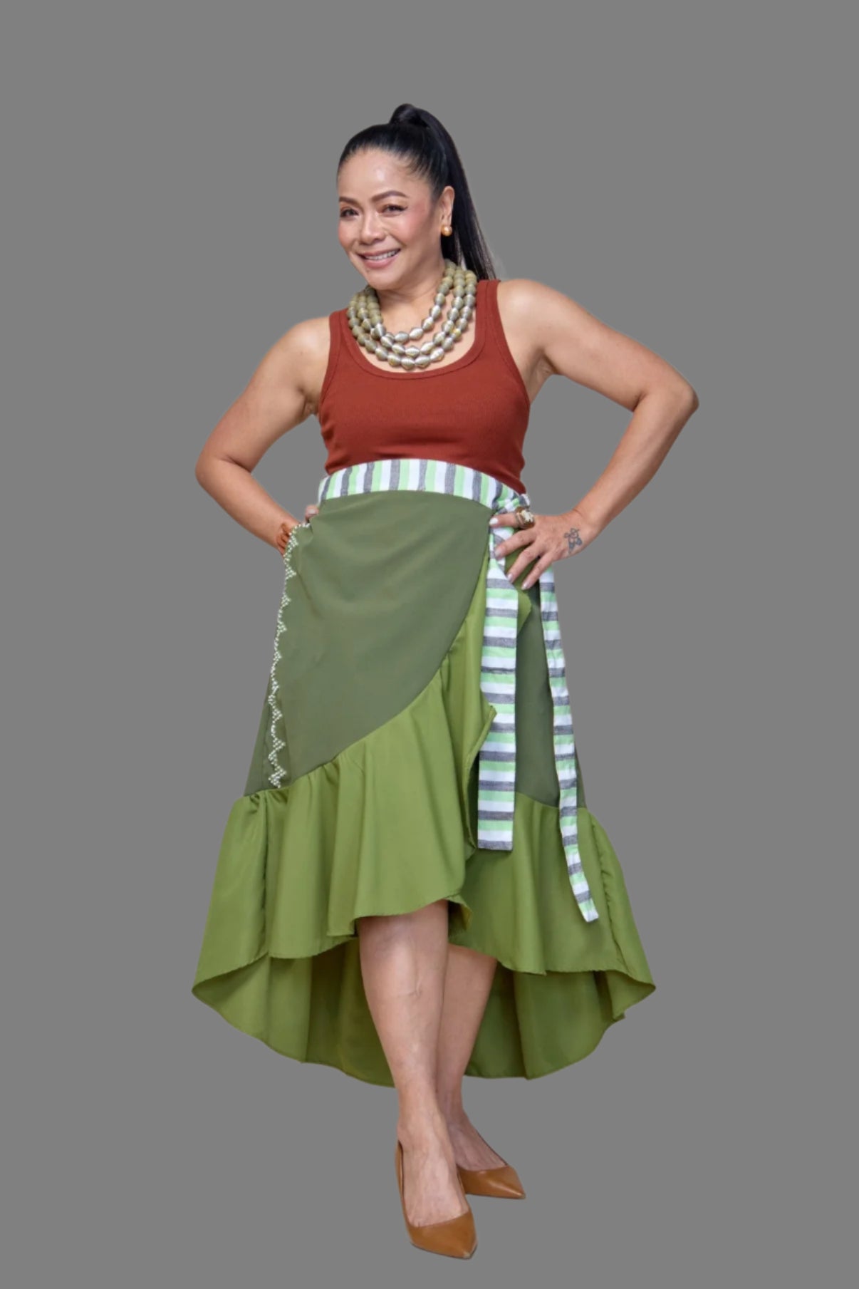 Sayaw Green Wrap Skirt with Binakol weave and Tboli Embroidery