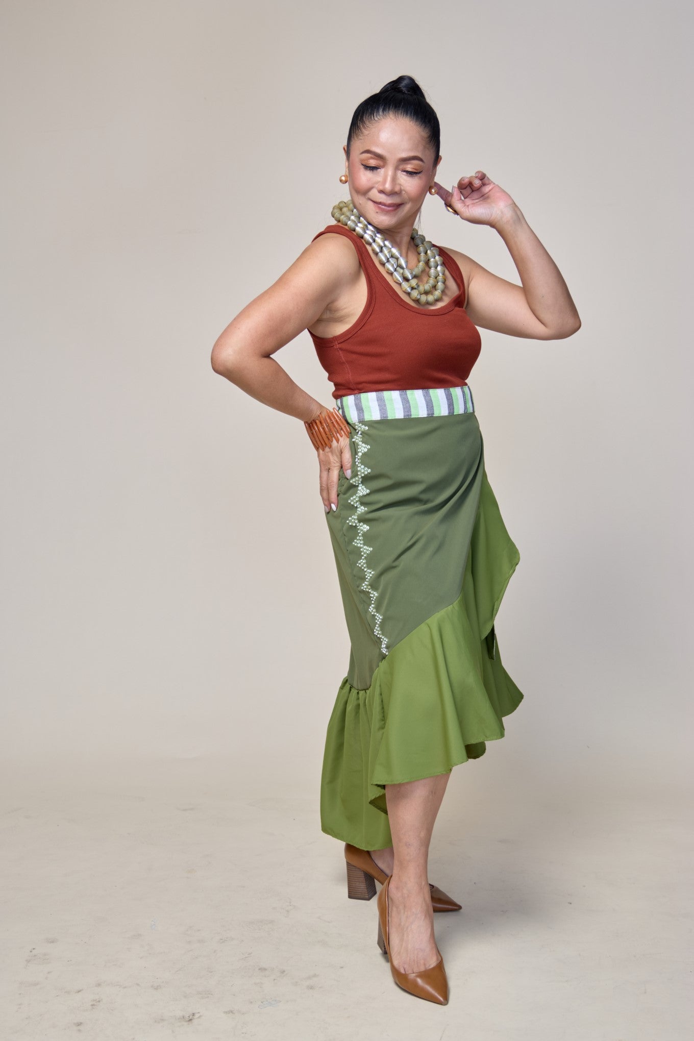 Sayaw Green Wrap Skirt with Binakol weave and Tboli Embroidery
