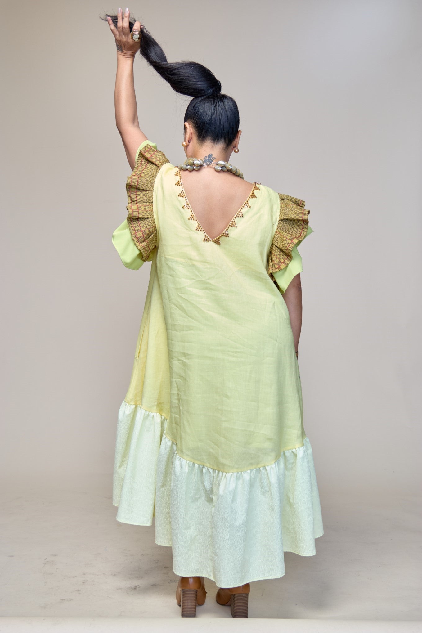 Masayahin Balloon Dress in Light Green and Light Yellow with Yellow Binakol