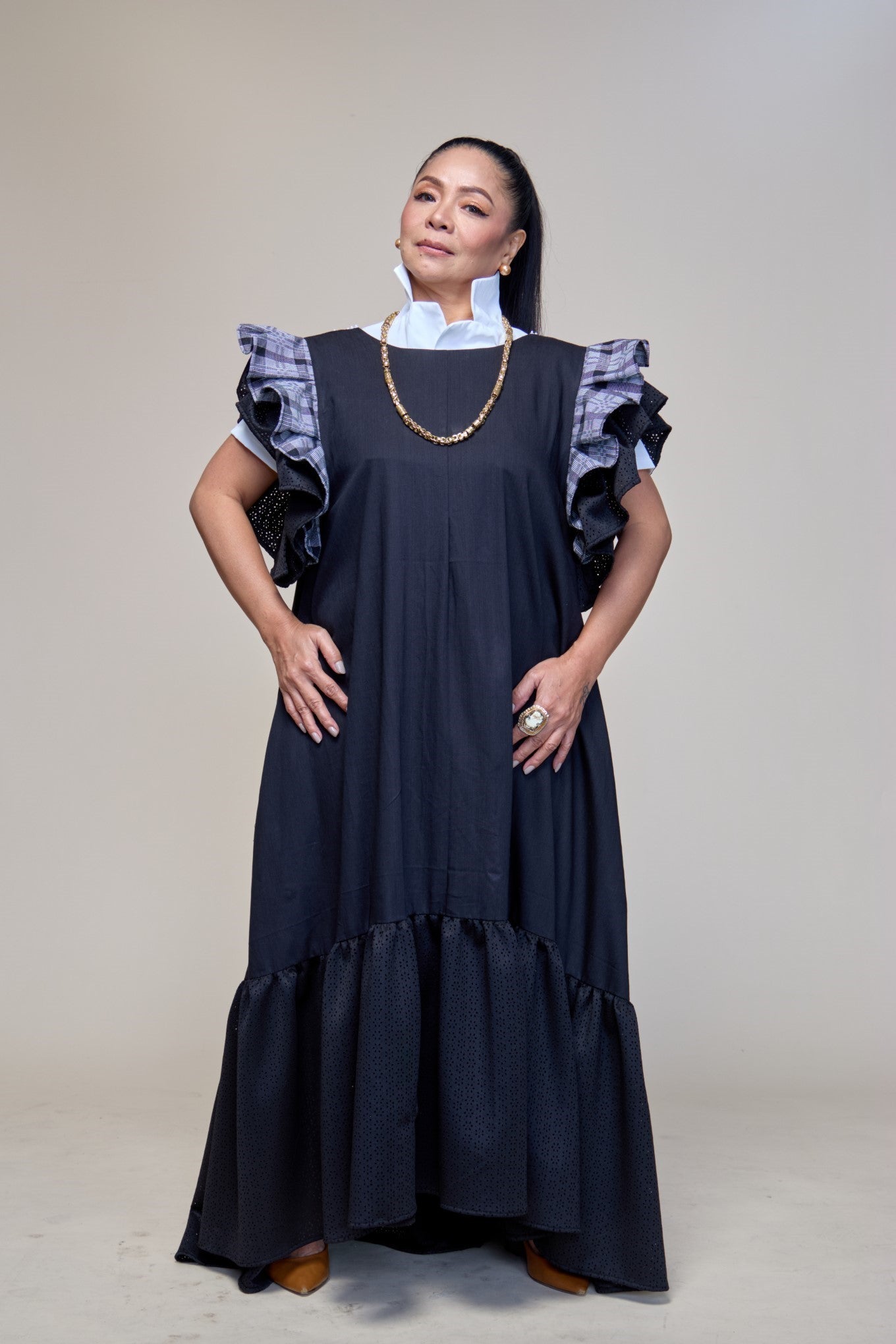 Masayahin Balloon Black Dress with Fluffy Local Weaves