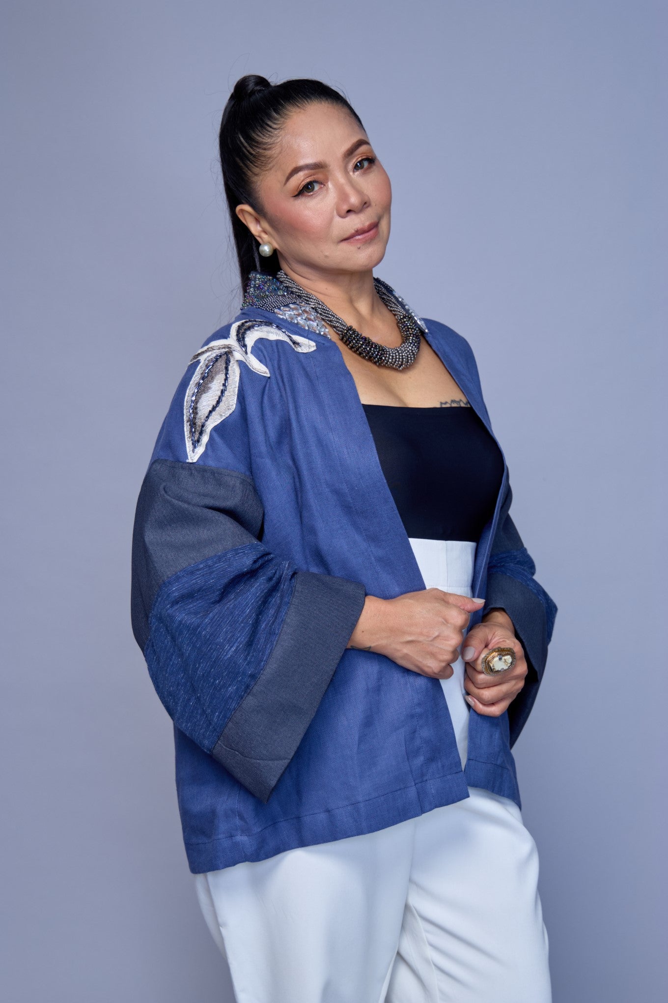 Itinakda Pure Linen Cover Up in Cerulean with Floral Applique and Hand Embroidery